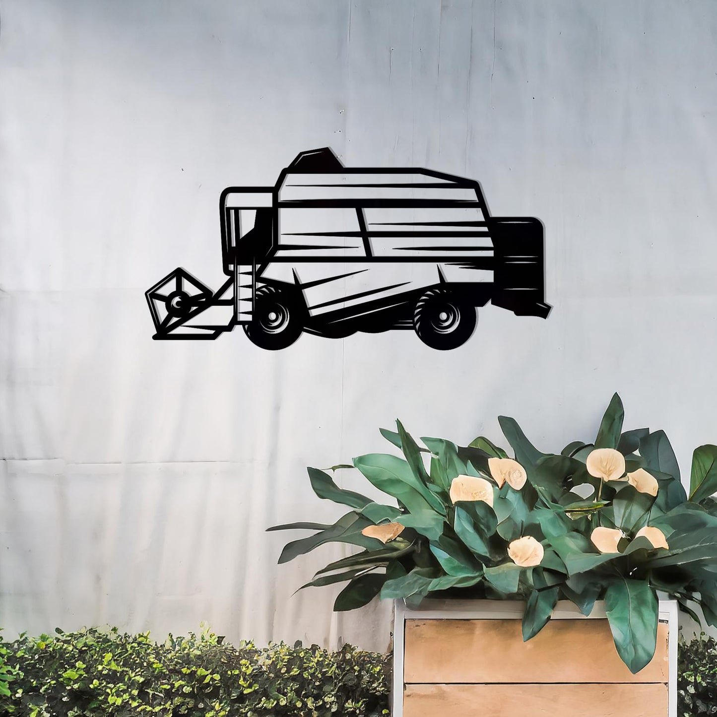 This wall art features a detailed depiction of a combine harvester, showcasing intricate lines and precise cuts that highlight its machinery and structure. Ideal for agricultural-themed spaces or as a gift for farming enthusiasts.