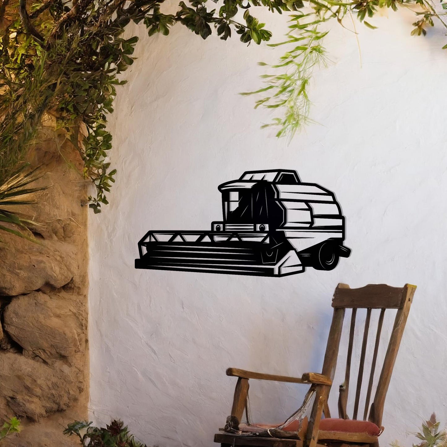 Metal wall art featuring a detailed illustration of a combine harvester, designed with bold lines and geometric shapes, ideal for those passionate about farming or agriculture.