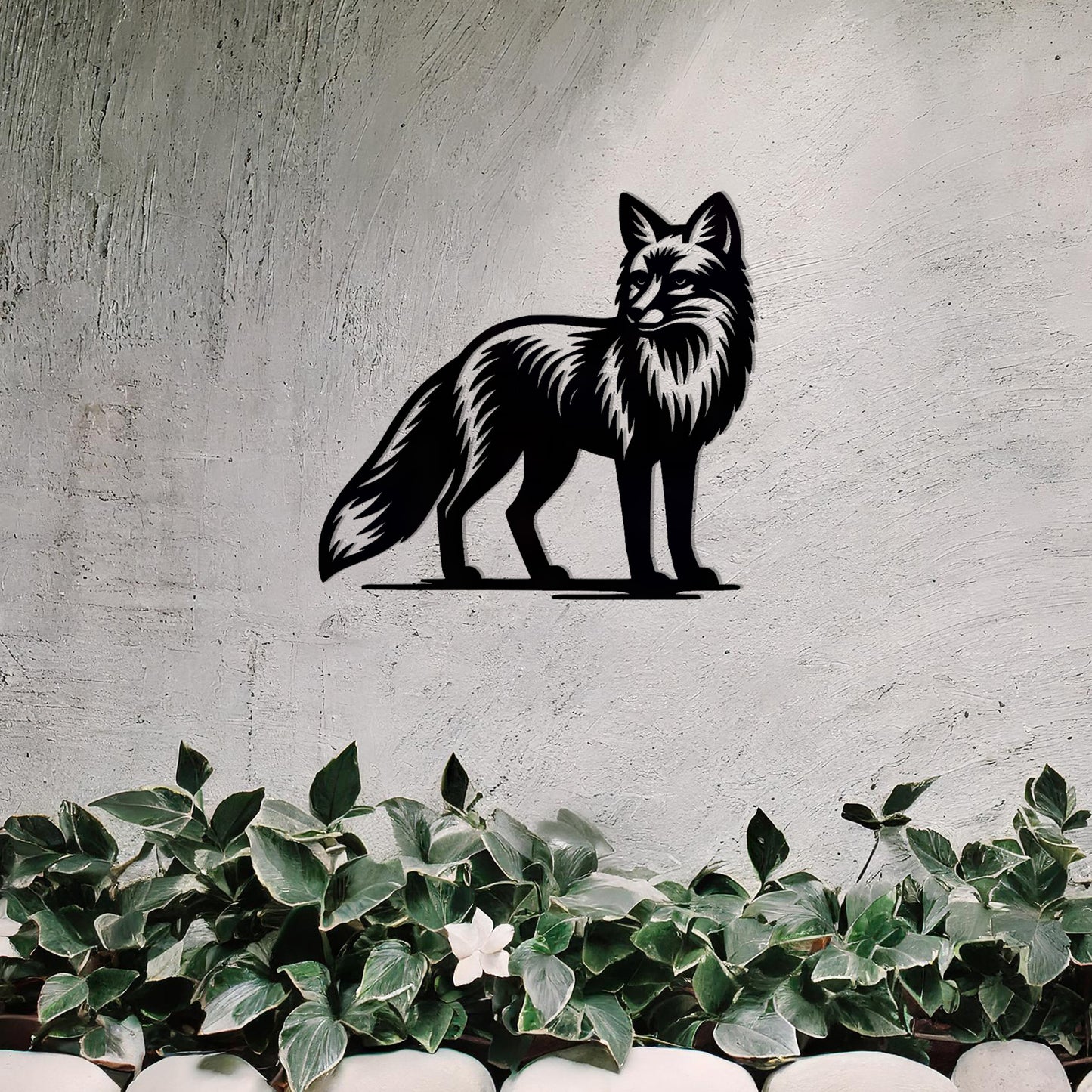 Metal wall decoration featuring a fox design with detailed fur patterns, adding a sleek and elegant touch to outdoor or indoor spaces, displayed against a neutral background to enhance its artistic appeal.