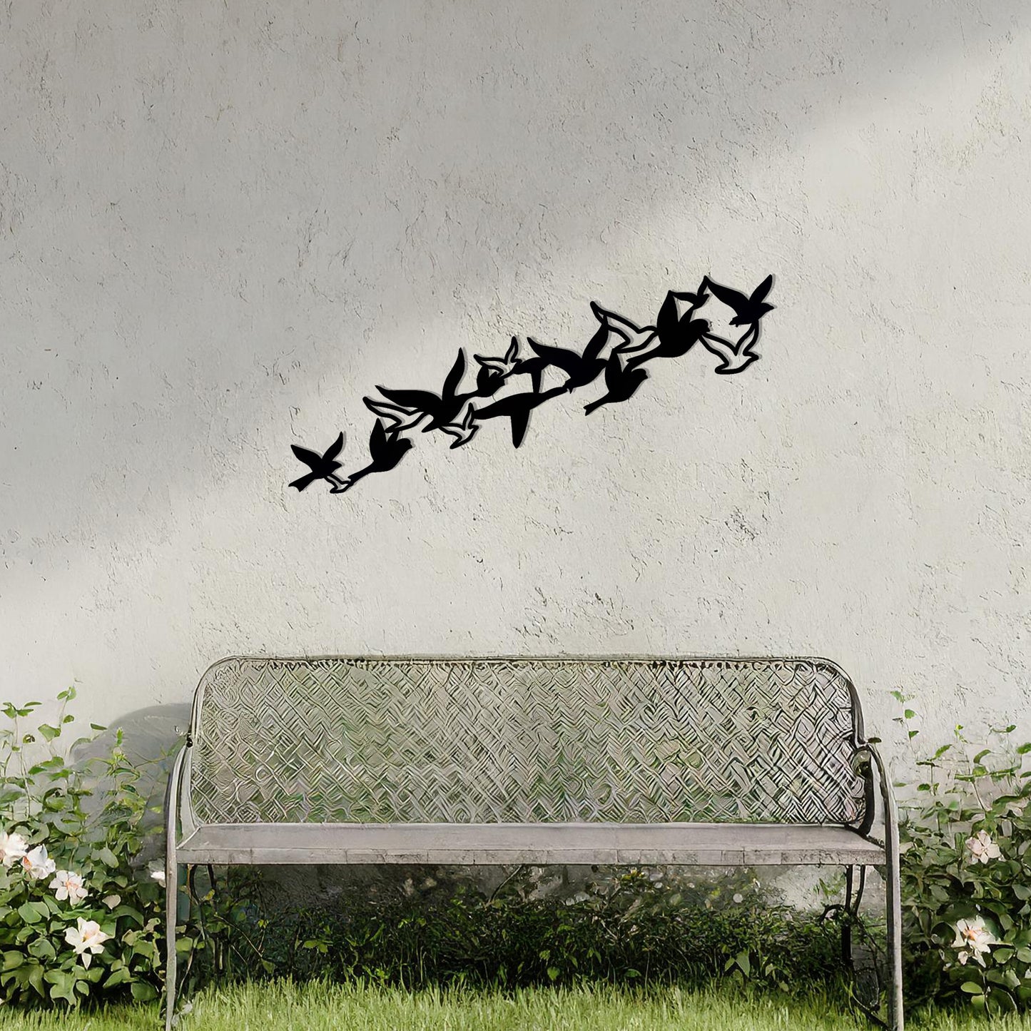 This design features a flock of birds in graceful flight, arranged dynamically to create a sense of motion and freedom. The minimalist silhouette adds an elegant touch, perfect for enhancing any wall space with a nature-inspired aesthetic.