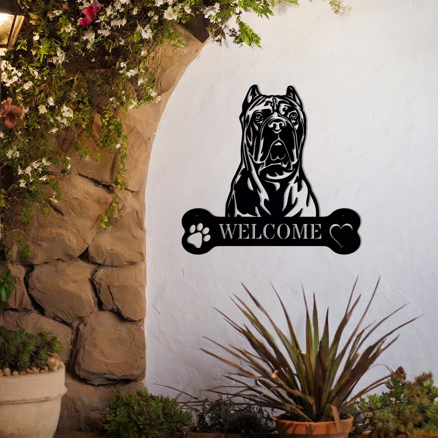 Metal Cane Corso dog design with a bone-shaped 'WELCOME' text and paw prints, perfect for adding a strong and welcoming touch to entryways or outdoor spaces.