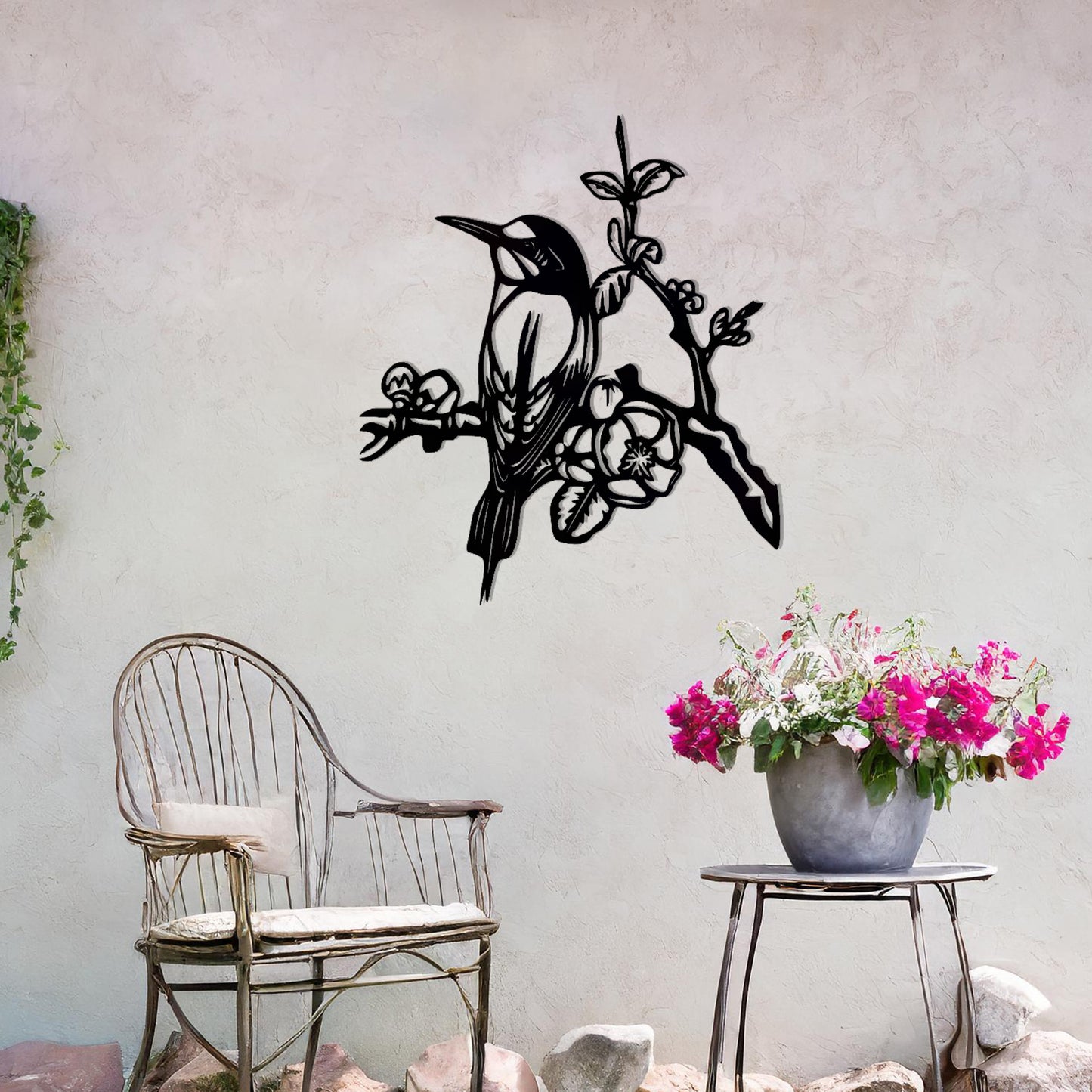 This design showcases a perched bird surrounded by detailed blossoms and branches. The intricate artistry highlights the bird's delicate features and the natural elegance of the flowers, making it a beautiful addition to any nature-inspired space.