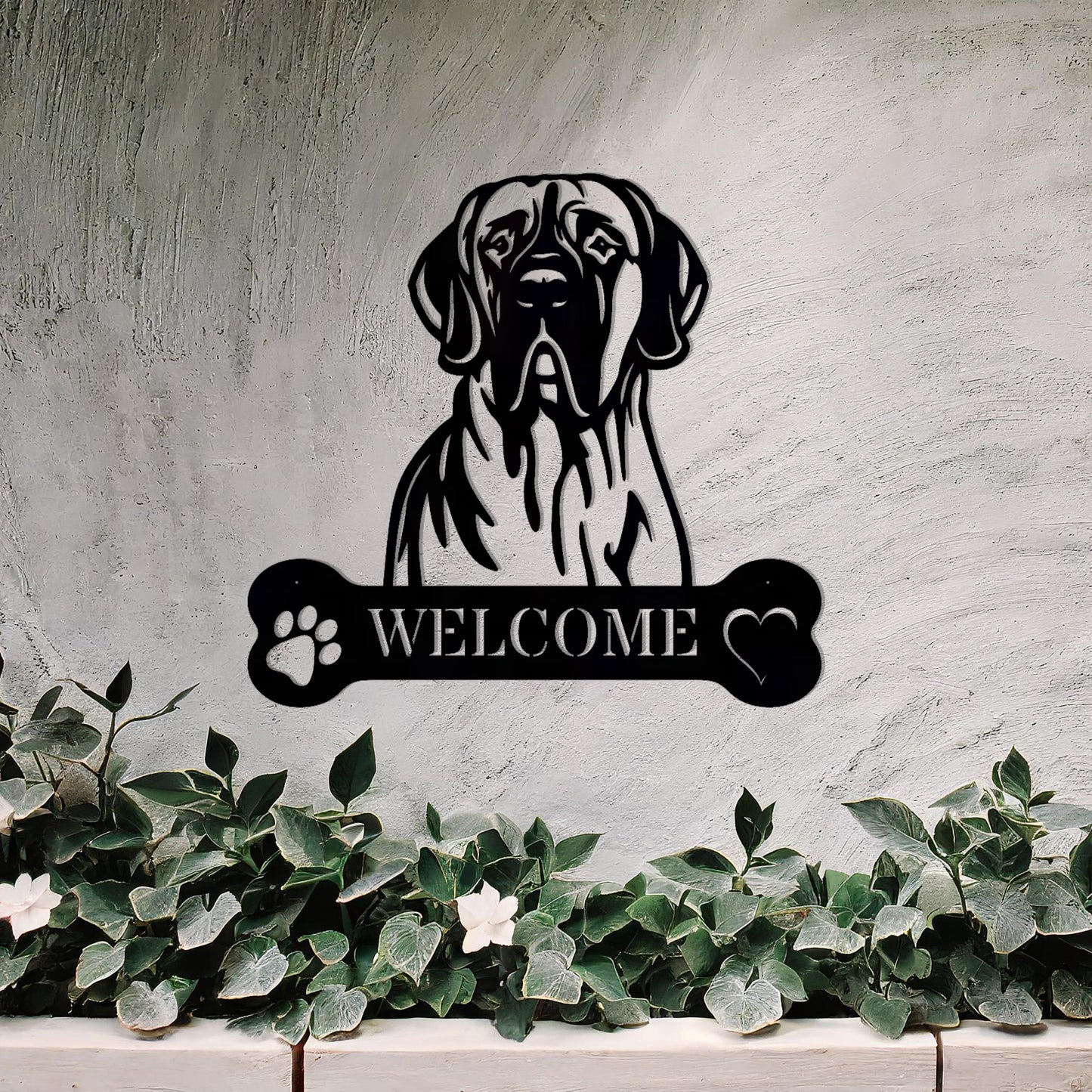 Metal Great Dane dog design with a bone-shaped 'WELCOME' text and paw prints, perfect for adding a noble and welcoming touch to entryways or outdoor spaces.