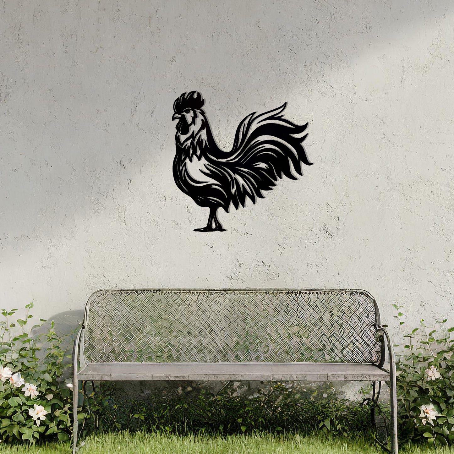 This design showcases a proud rooster standing tall with intricate feather details, capturing the essence of rural charm and elegance. Its bold silhouette and artistic lines make it a striking decor piece for farmhouse or countryside-themed spaces.