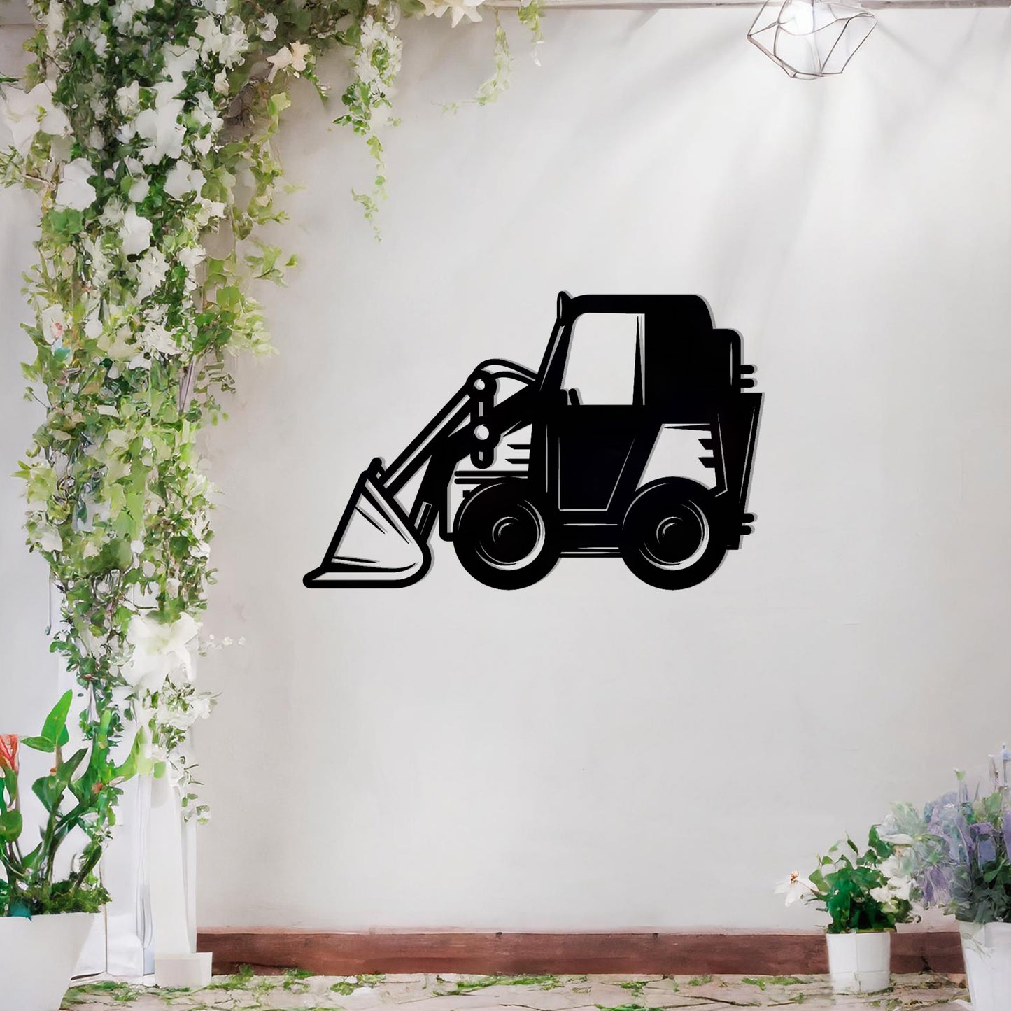 This design highlights a construction vehicle silhouette, featuring a detailed depiction of a backhoe loader with clear lines and bold shapes. Perfect for adding a rugged, industrial charm to a space or as a unique gift for heavy machinery enthusiasts.