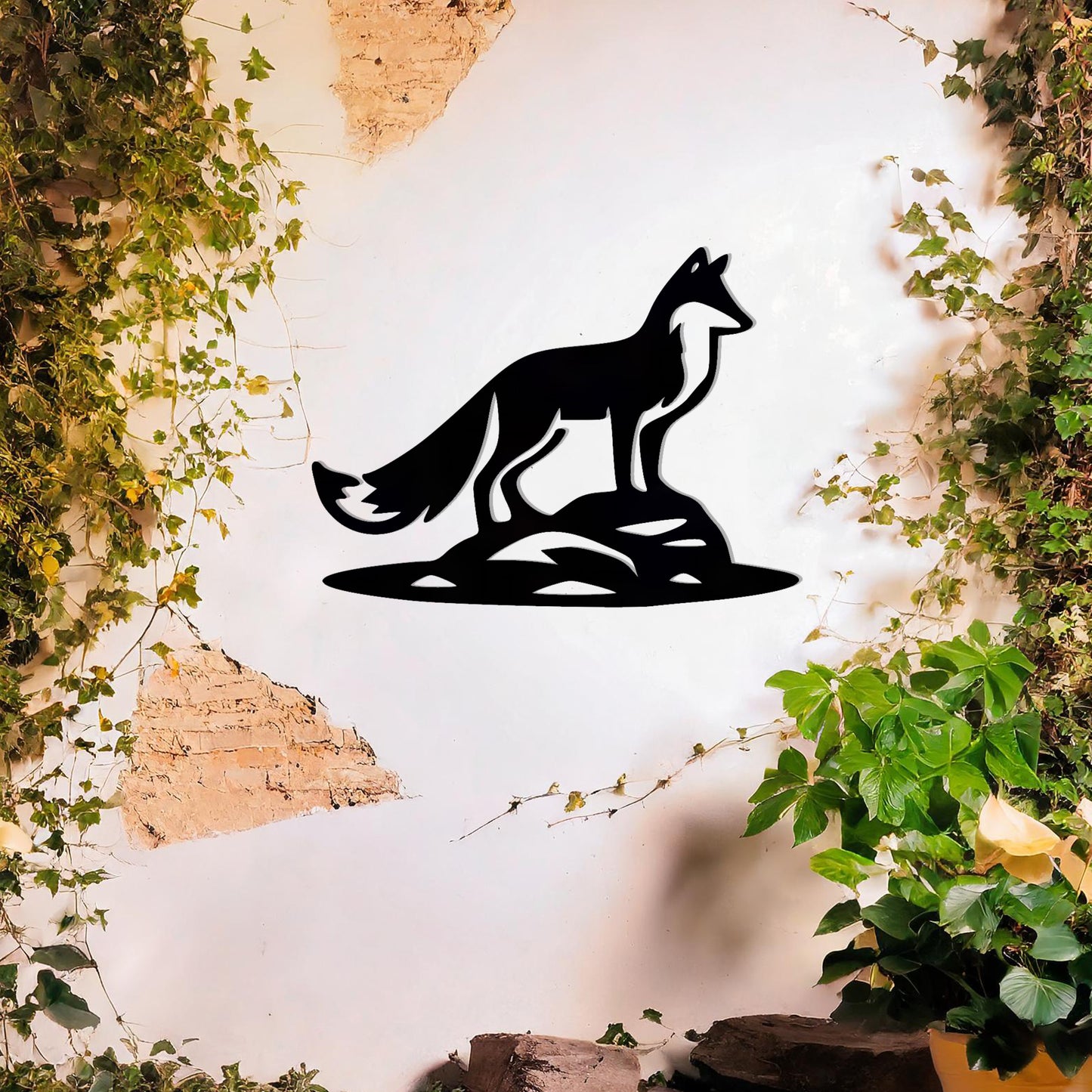 This design features a fox standing on a rocky surface, exuding a sense of vigilance and strength. The sleek and artistic cut highlights the fox's majestic posture, making it an eye-catching addition to any wall decor.