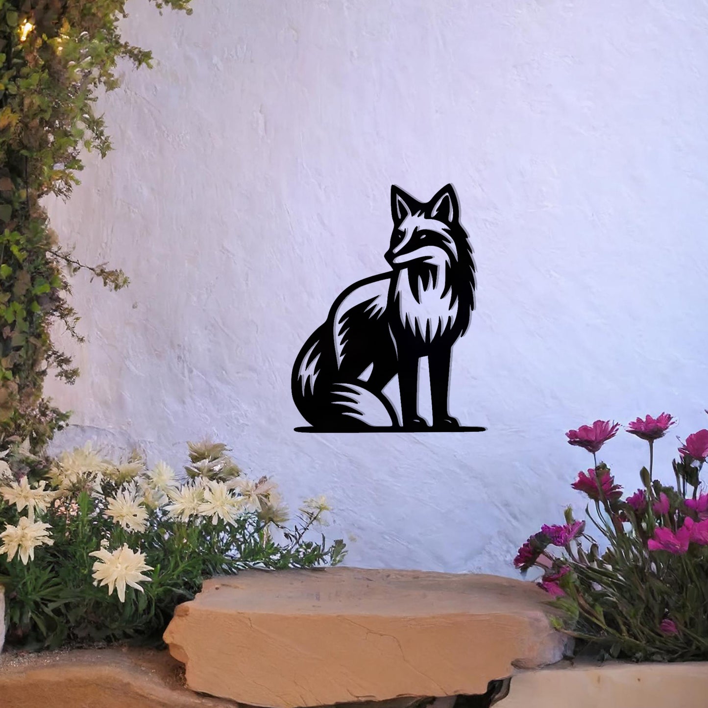 This design features a seated fox with graceful detailing and a poised stance. The intricate line work captures the essence of the fox's fur and its sleek form, making it a stunning decorative piece for any nature-inspired or rustic-themed space.