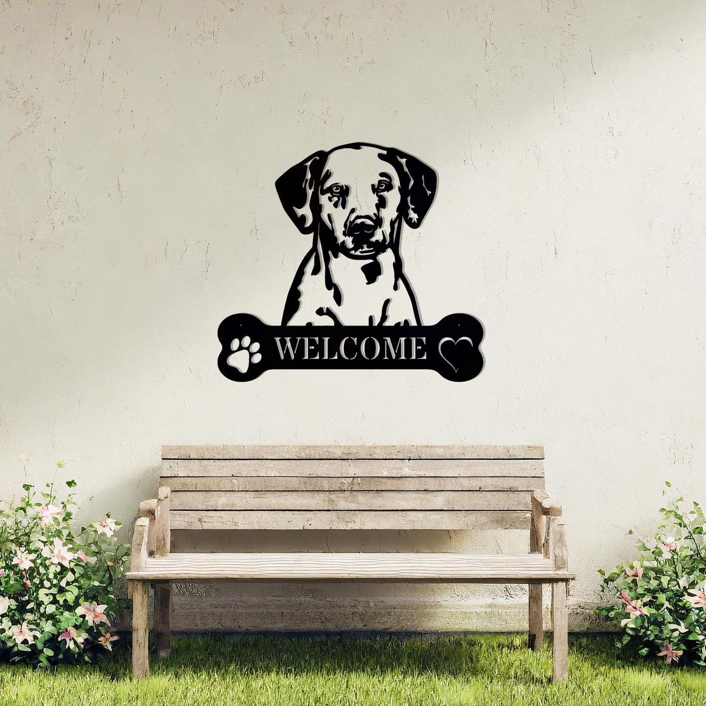 Metal Dalmatian dog design with a bone-shaped 'WELCOME' text and paw prints, perfect for adding a friendly and welcoming touch to entryways or outdoor spaces.