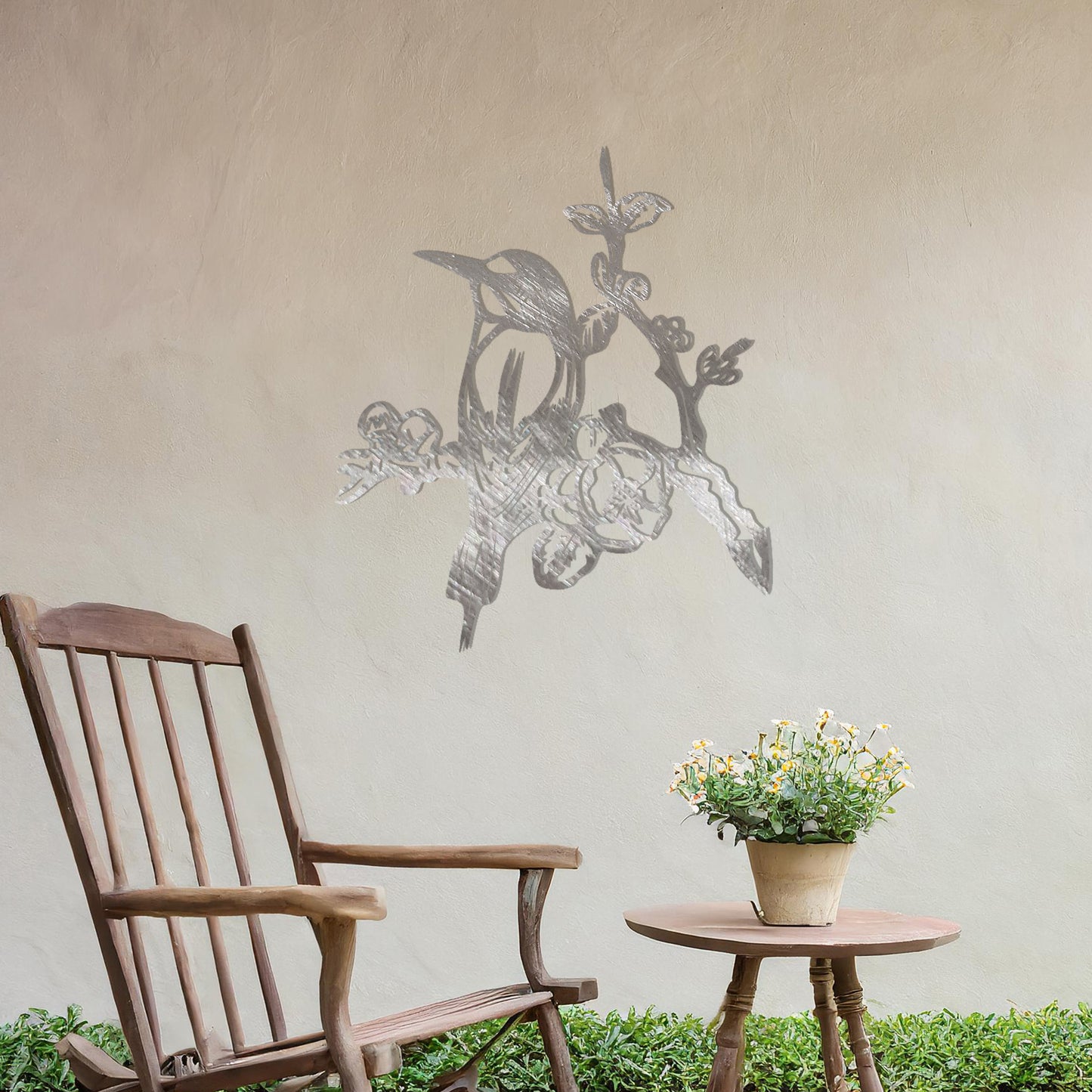 This design showcases a perched bird surrounded by detailed blossoms and branches. The intricate artistry highlights the bird's delicate features and the natural elegance of the flowers, making it a beautiful addition to any nature-inspired space.