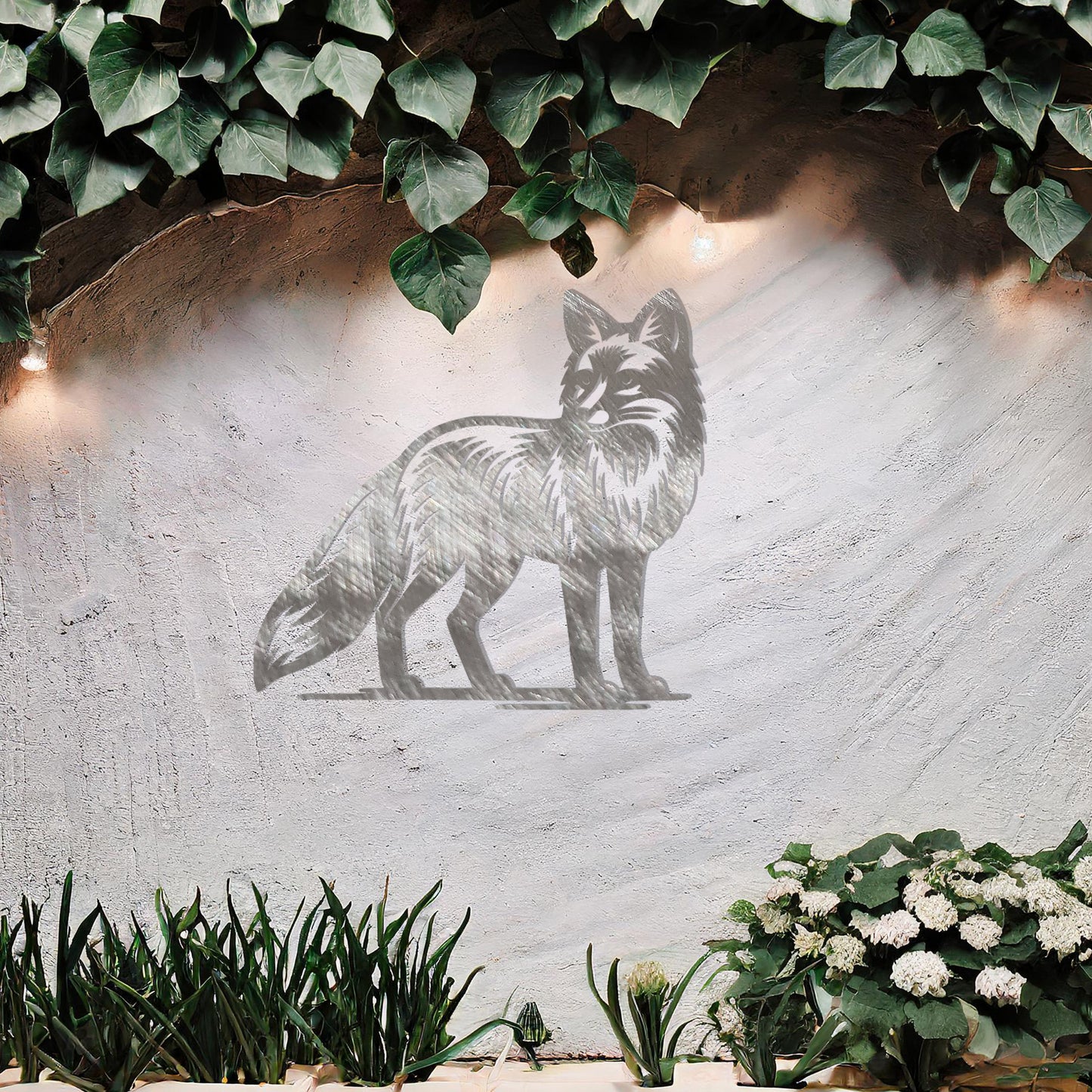 Metal wall decoration featuring a fox design with detailed fur patterns, adding a sleek and elegant touch to outdoor or indoor spaces, displayed against a neutral background to enhance its artistic appeal.