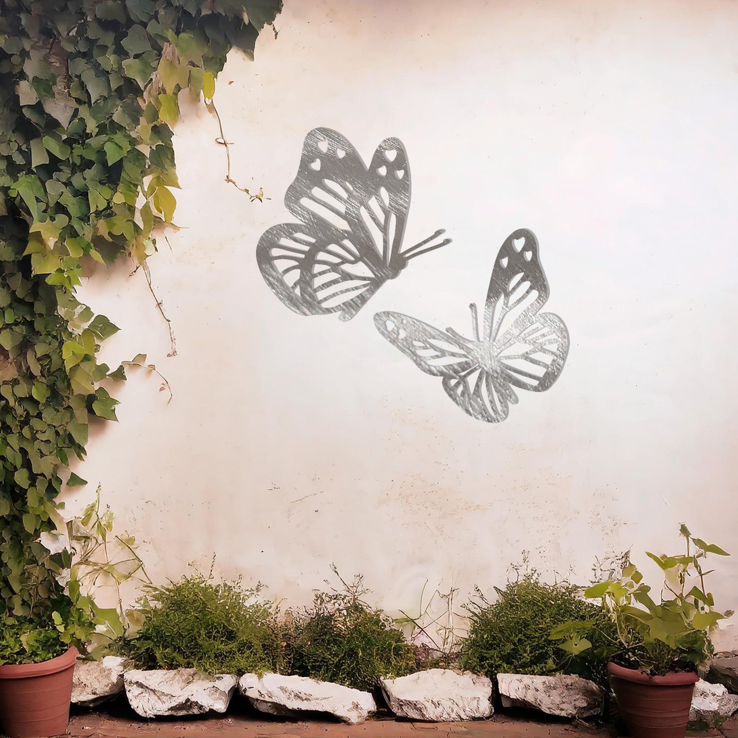 This design showcases a pair of intricately detailed butterflies in flight, their delicate wings adorned with heart-shaped accents. A charming addition to any space, celebrating the beauty of nature and the grace of butterflies.