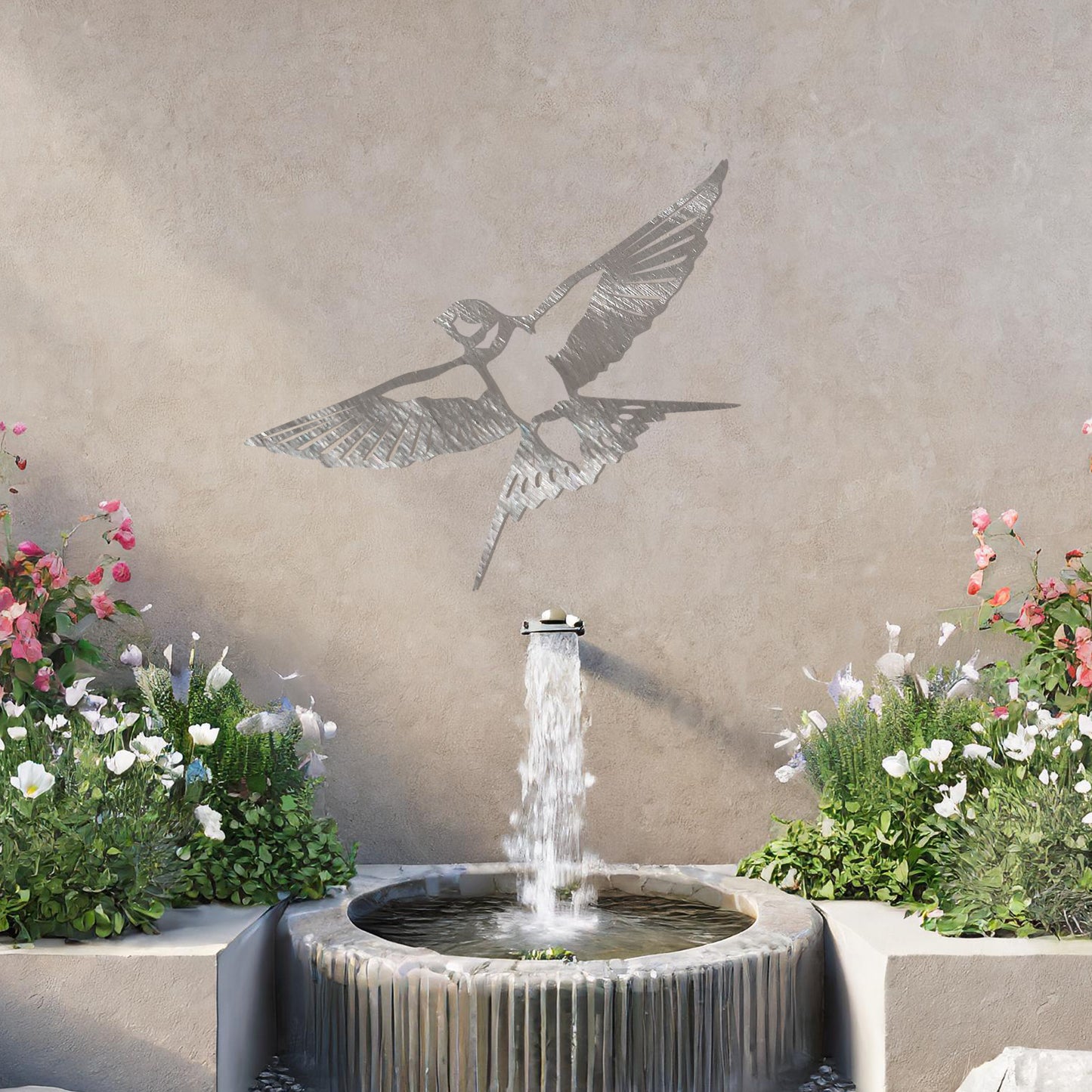 Metal garden decoration featuring a bird in mid-flight with detailed wings and tail, elegantly designed to bring a touch of nature-inspired charm and artistry to outdoor walls or garden settings.