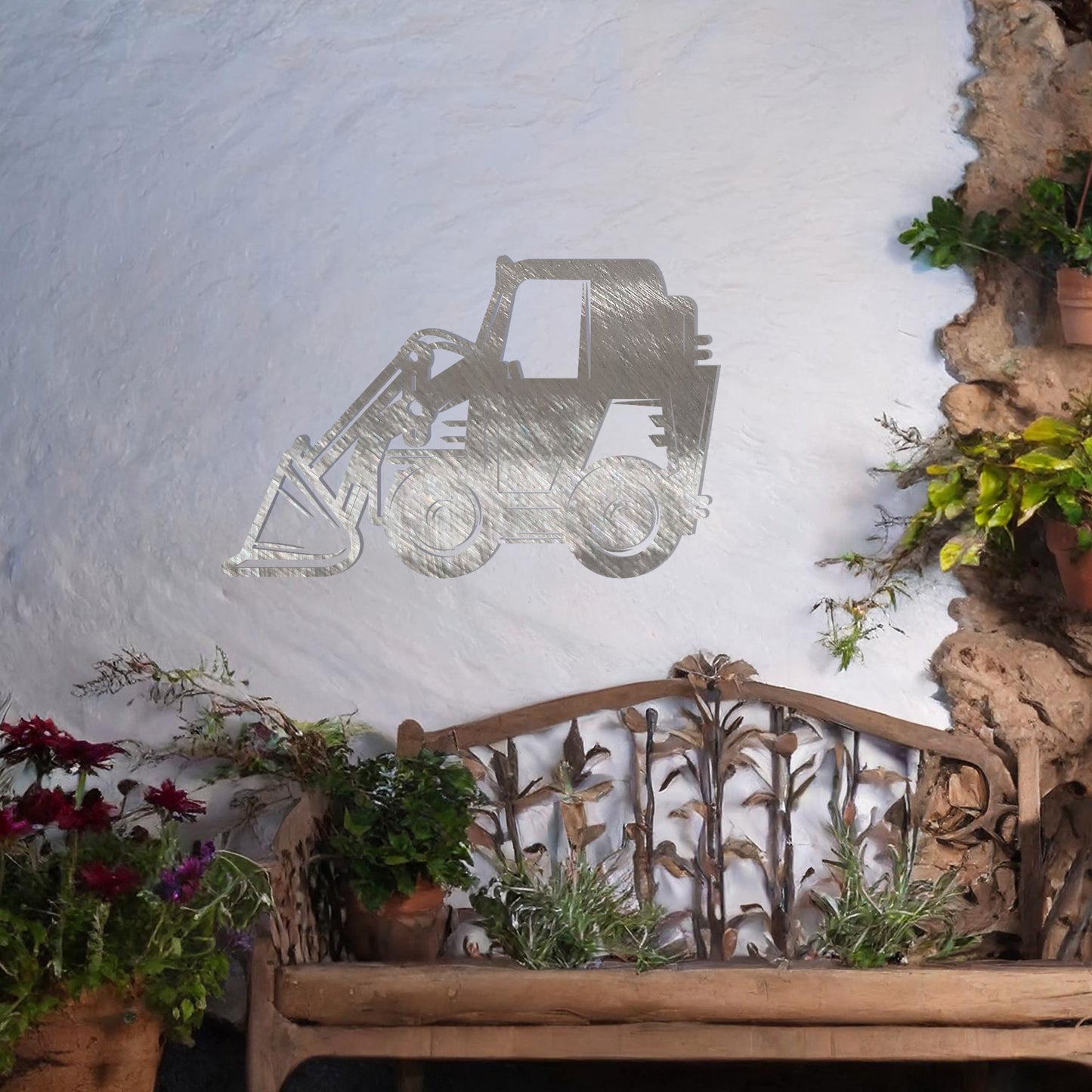 This design highlights a construction vehicle silhouette, featuring a detailed depiction of a backhoe loader with clear lines and bold shapes. Perfect for adding a rugged, industrial charm to a space or as a unique gift for heavy machinery enthusiasts.