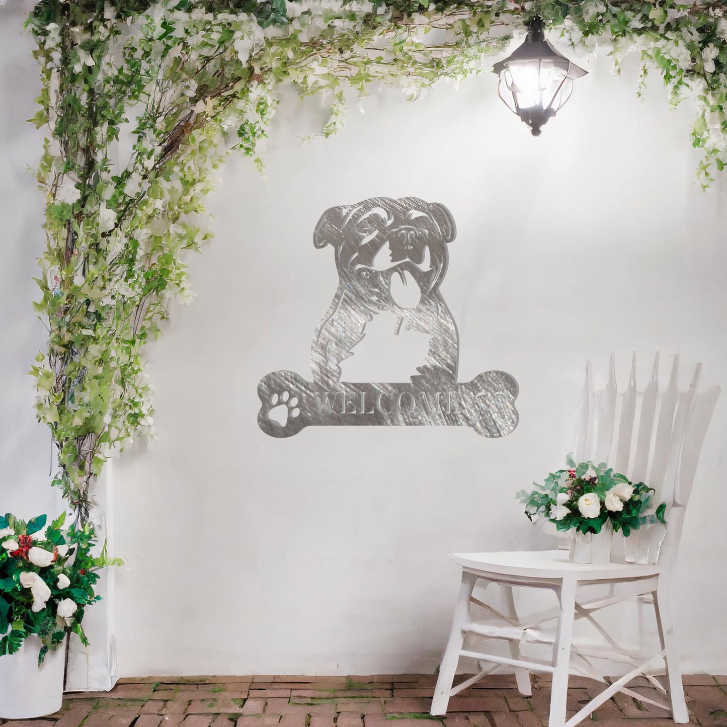 Metal Staff Bull Terrier dog design with a bone-shaped 'WELCOME' text and paw prints, perfect for adding a strong, welcoming touch to entryways or outdoor spaces.