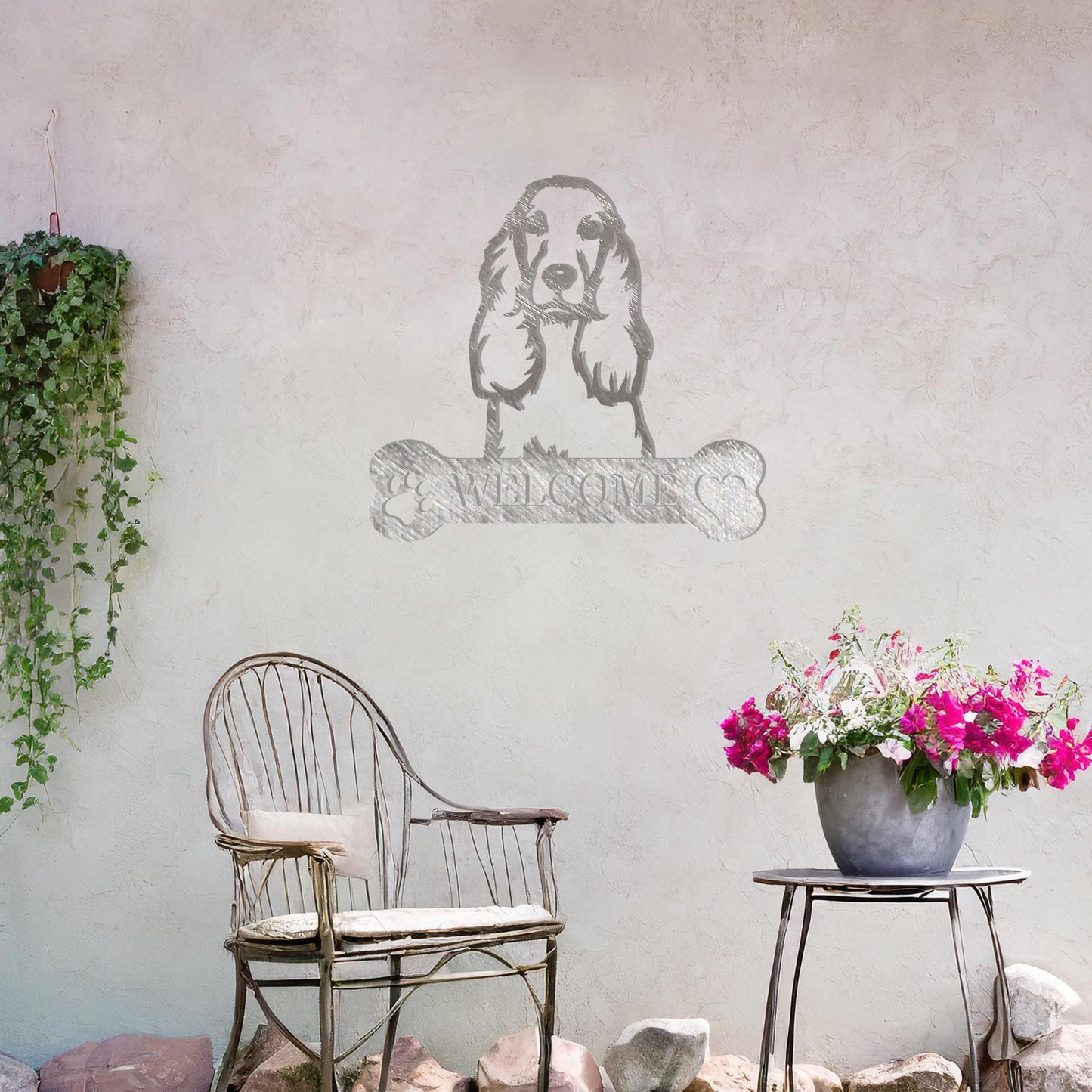 Metal Cocker Spaniel design with a bone-shaped 'WELCOME' text and paw prints, perfect for adding a friendly and welcoming touch to entryways or outdoor spaces
