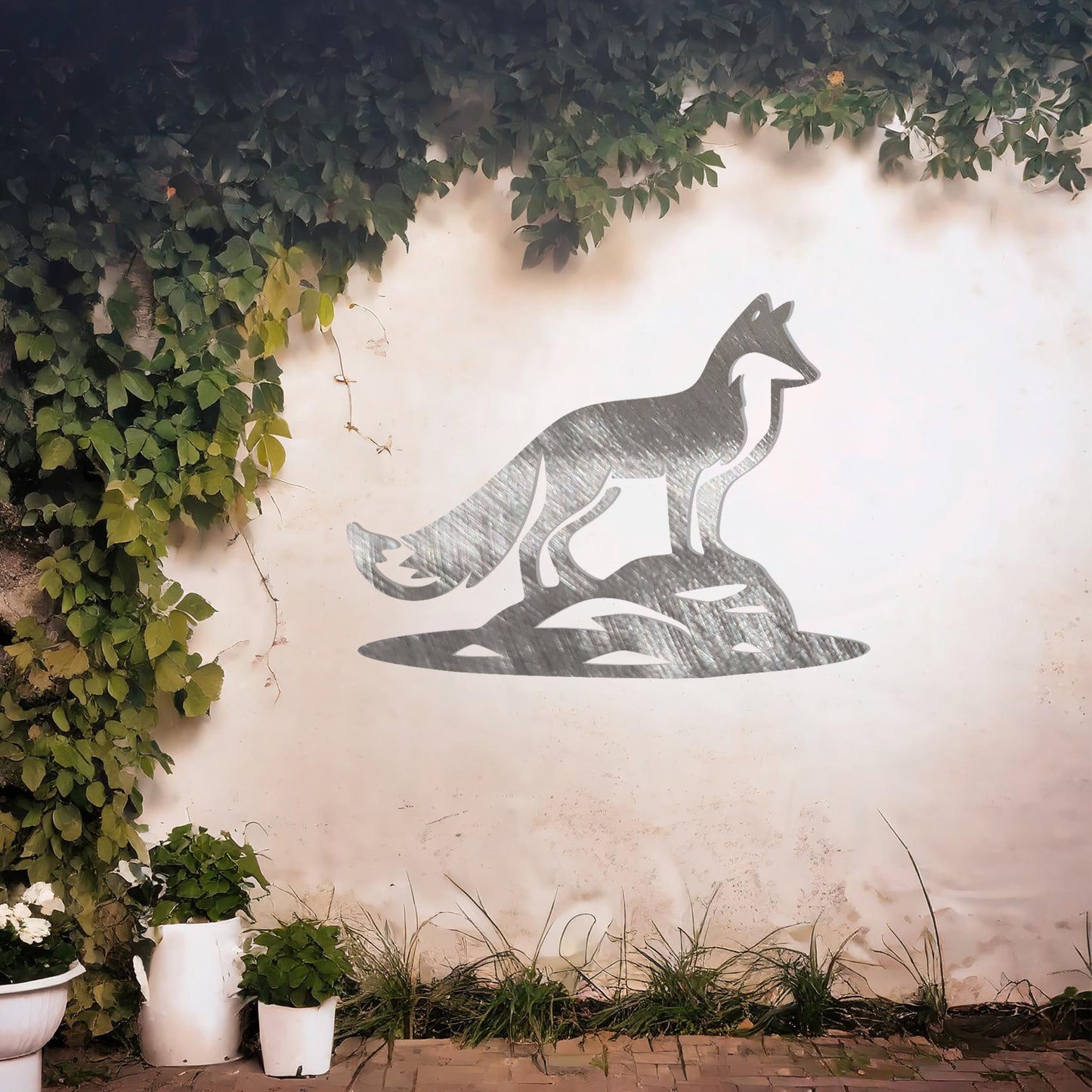 This design features a fox standing on a rocky surface, exuding a sense of vigilance and strength. The sleek and artistic cut highlights the fox's majestic posture, making it an eye-catching addition to any wall decor.
