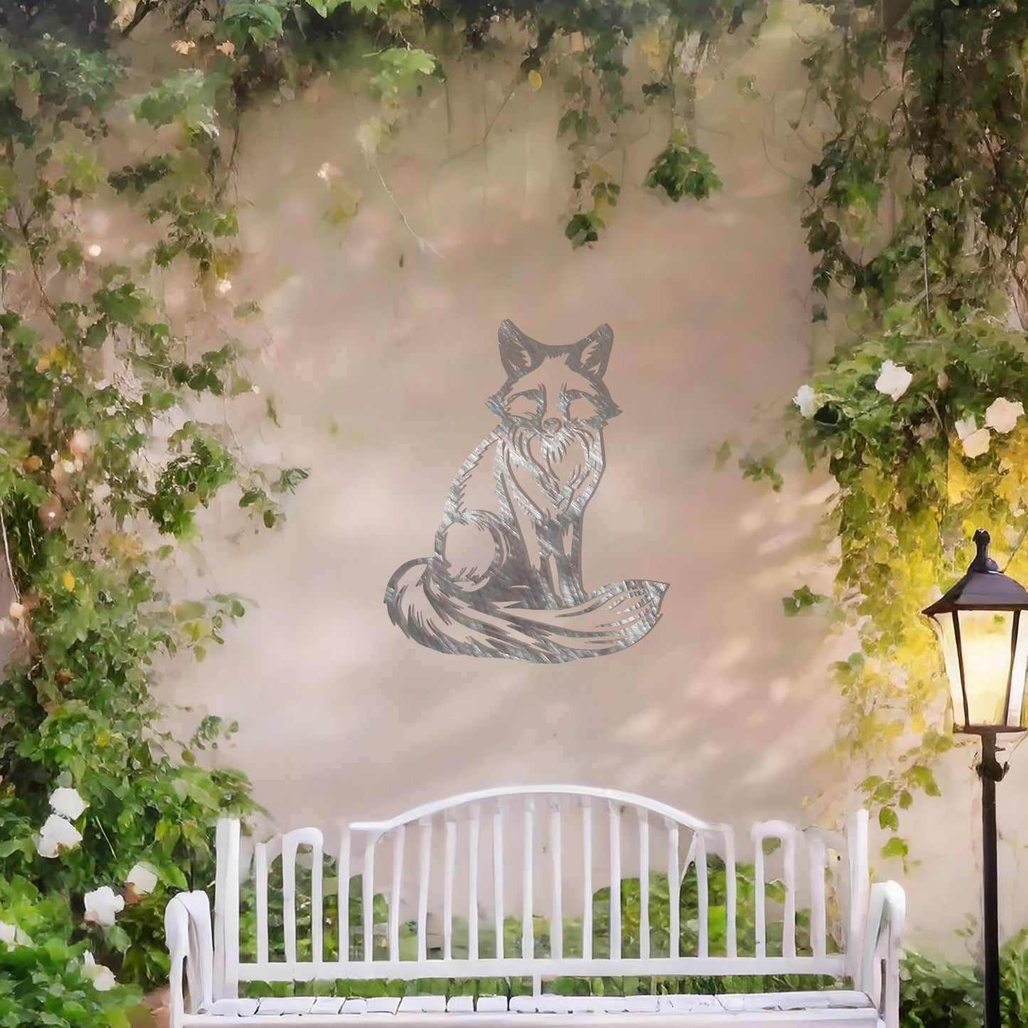 This metal wall art design features a sitting fox with a bushy tail, embodying a calm and majestic presence. The intricate detailing highlights the fox's fur and facial expression, making it a perfect addition to your decor for a natural and elegant touch.