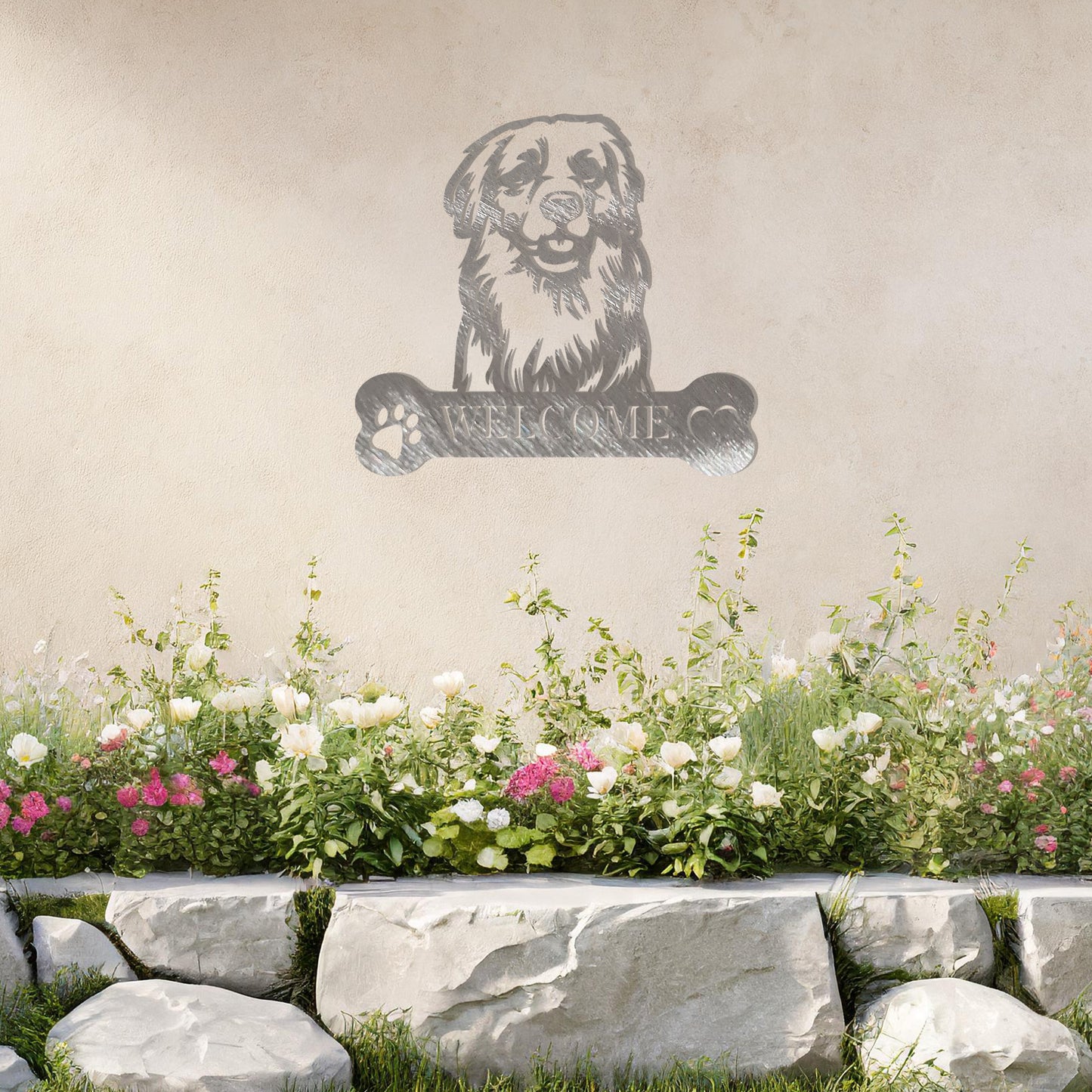 Metal Golden Retriever dog design with a bone-shaped 'WELCOME' text and paw prints, perfect for adding a friendly and welcoming touch to entryways or outdoor spaces.