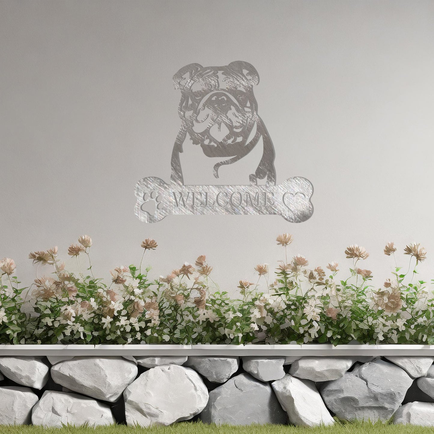 Metal Bulldog dog design with a bone-shaped 'WELCOME' text and paw prints, perfect for adding a friendly and welcoming touch to entryways or outdoor spaces.