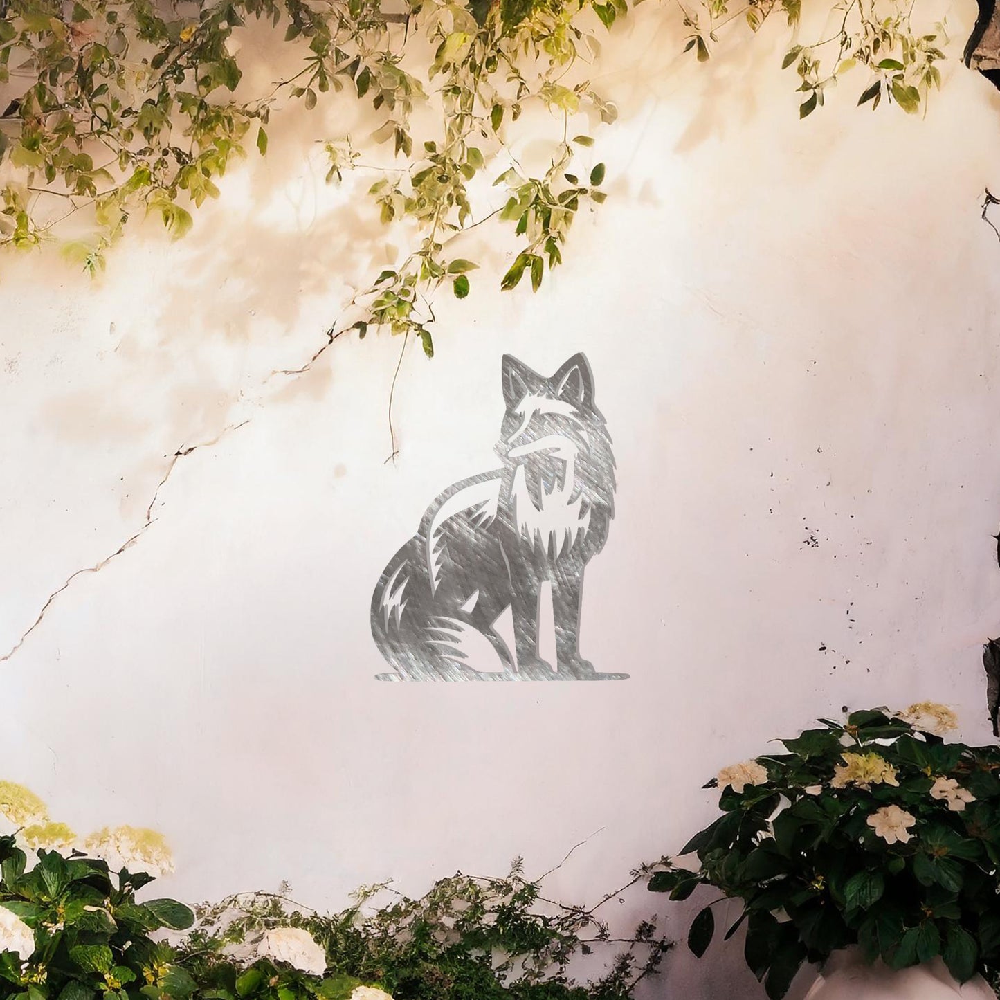 This design features a seated fox with graceful detailing and a poised stance. The intricate line work captures the essence of the fox's fur and its sleek form, making it a stunning decorative piece for any nature-inspired or rustic-themed space.