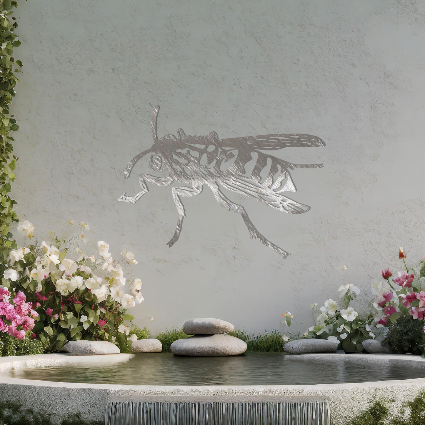 The design features a highly detailed wasp in mid-flight, showcasing intricate lines and patterns on its body and wings. The artwork is displayed above a tranquil water feature, highlighting the insect’s dynamic form.