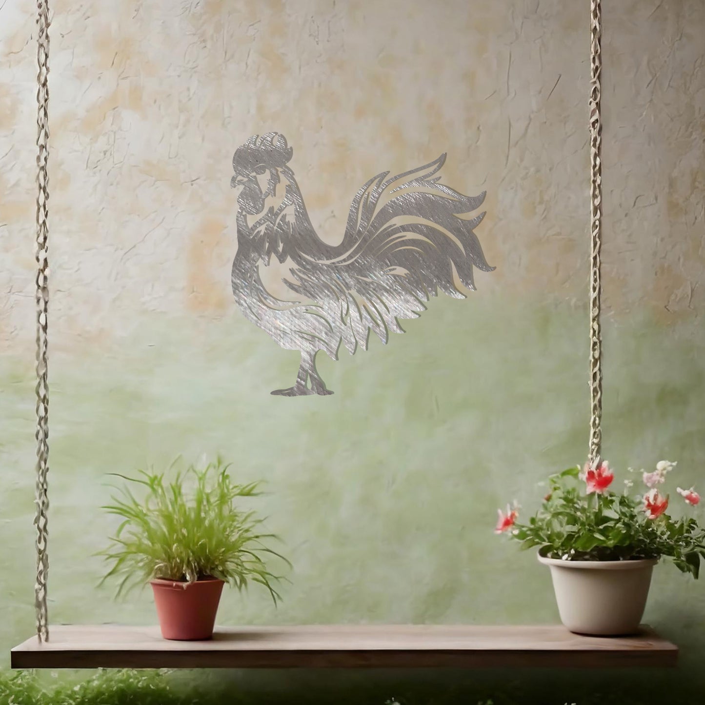 This design showcases a proud rooster standing tall with intricate feather details, capturing the essence of rural charm and elegance. Its bold silhouette and artistic lines make it a striking decor piece for farmhouse or countryside-themed spaces.