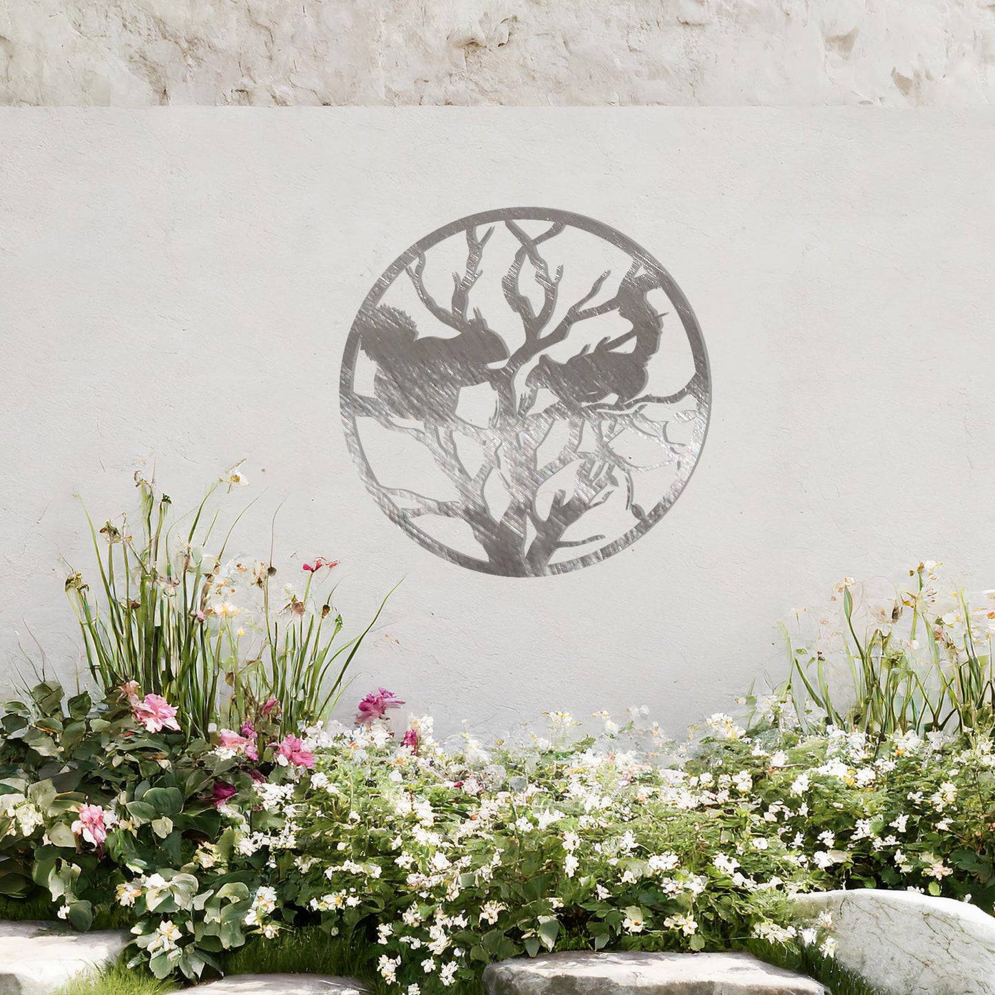 This circular design depicts a detailed silhouette of two squirrels interacting on tree branches. The intricate pattern captures the natural essence of wildlife within the tree, creating a harmonious and visually striking piece for nature enthusiasts.