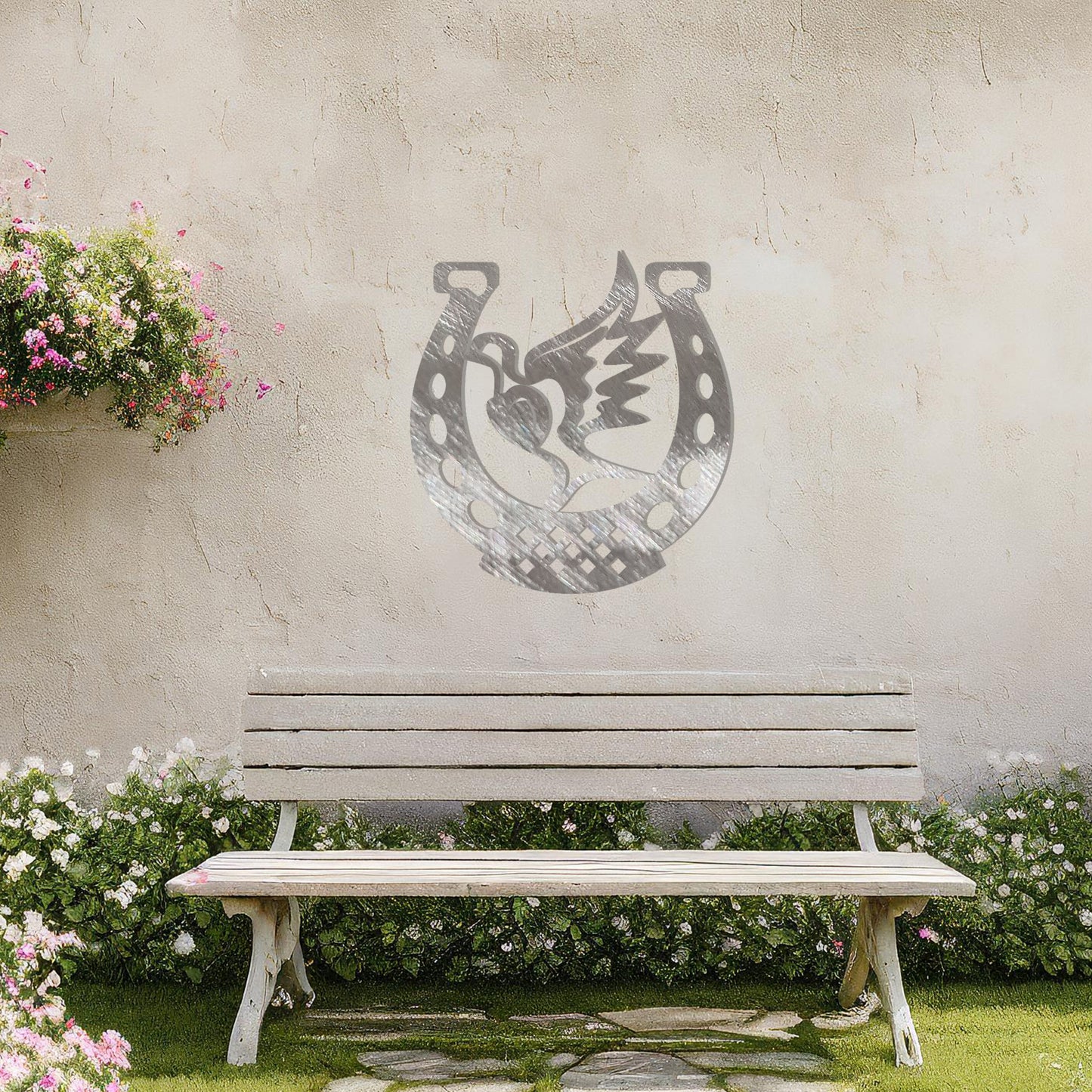 This wall art features a horseshoe design with a dove in flight carrying a heart at its center, symbolising peace and luck. A meaningful and stylish addition to any space with its intricate details and balanced composition.