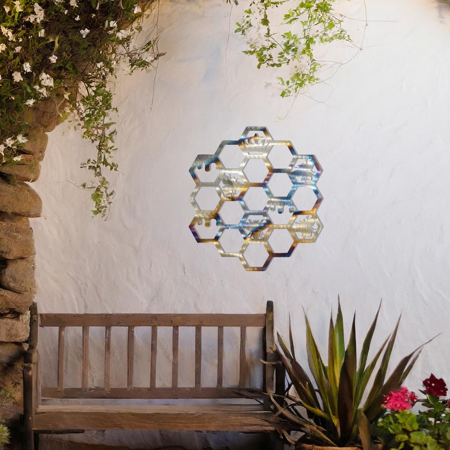 This design showcases a geometric honeycomb pattern with detailed depictions of bees and crowns within the hexagonal cells. The intricate arrangement symbolises the industrious and regal nature of bees, making it a stunning and meaningful decor piece.