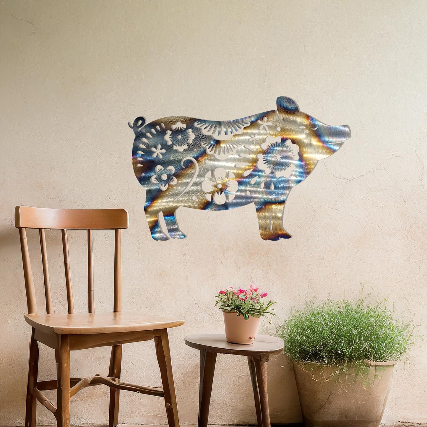 This design features a charming pig silhouette adorned with delicate floral patterns and intricate decorative details. The whimsical style of the artwork makes it a delightful addition to spaces looking for a playful yet artistic element. Perfect for rustic or countryside-inspired settings.