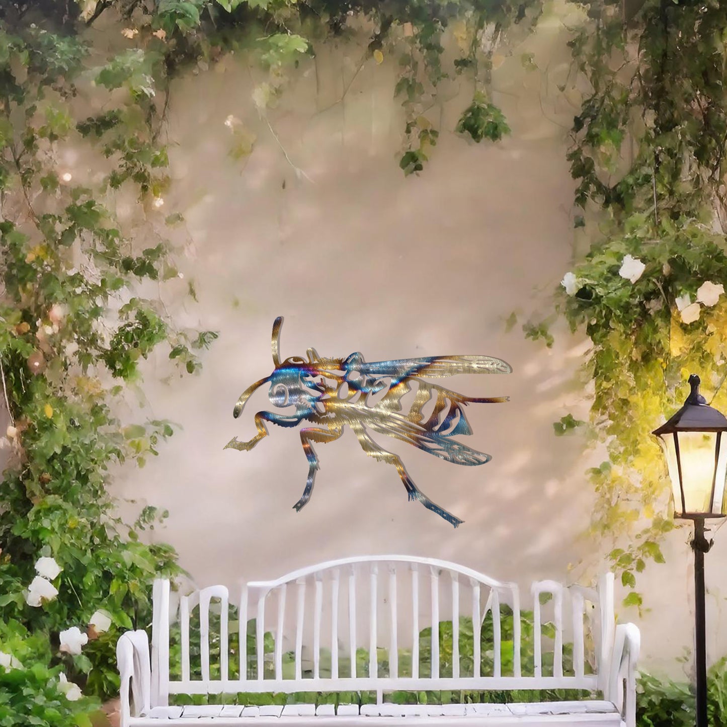 The design features a highly detailed wasp in mid-flight, showcasing intricate lines and patterns on its body and wings. The artwork is displayed above a tranquil water feature, highlighting the insect’s dynamic form.