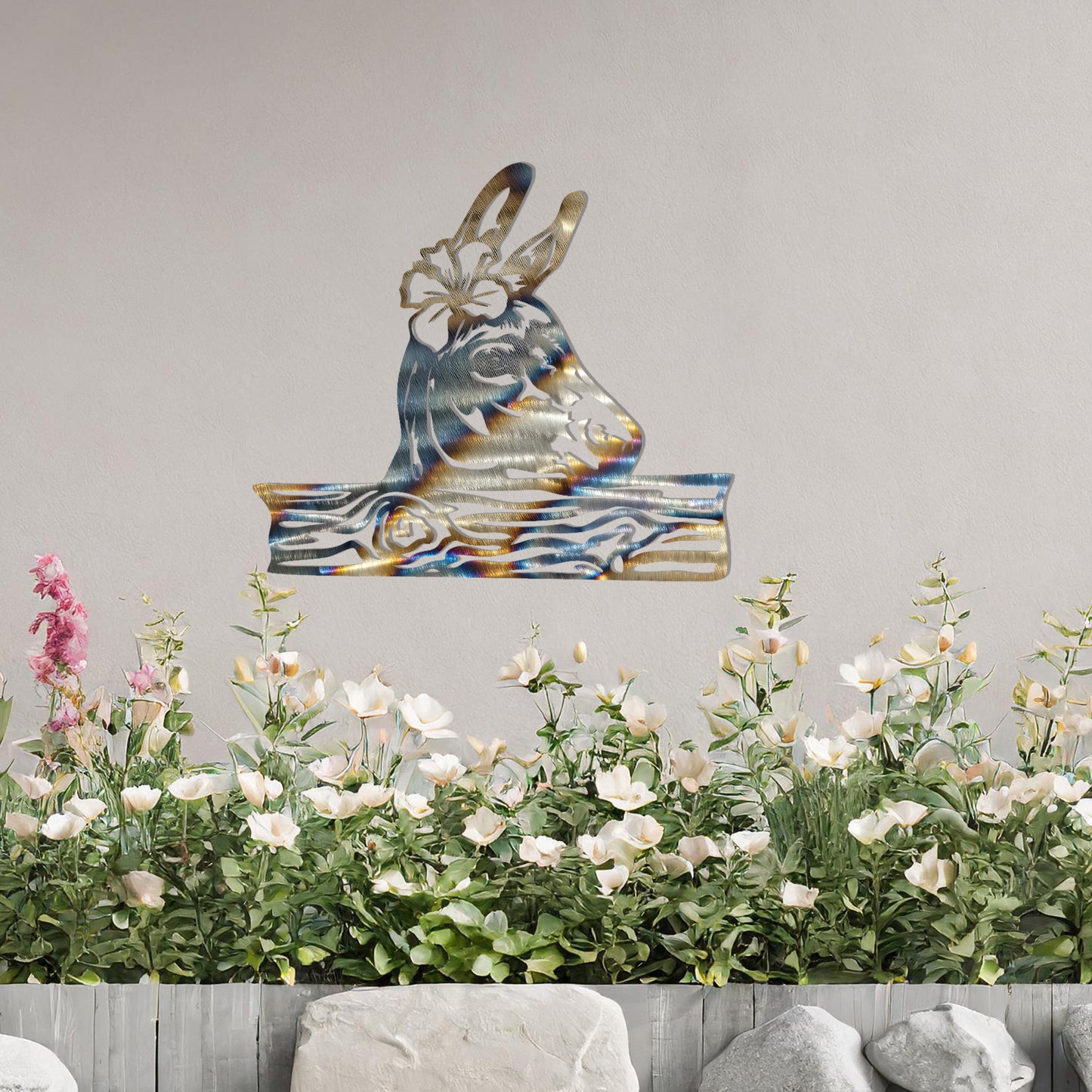 This wall art design showcases a beautifully detailed donkey head adorned with a flower, resting atop a wooden plank-like base. A charming and rustic piece perfect for farmhouse decor or animal enthusiasts.