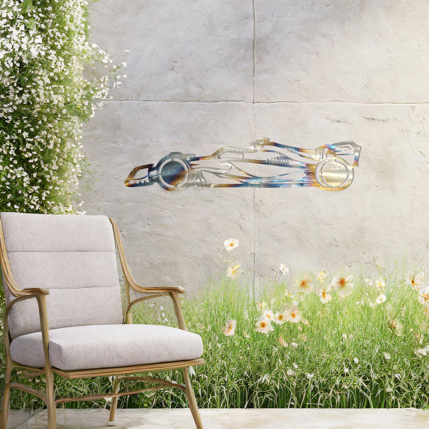 A sleek metal wall art design showcasing a detailed Formula 1 car silhouette. Perfect for motorsport enthusiasts, this artwork brings dynamic energy to modern or contemporary spaces. It is displayed on a neutral wall in a stylish outdoor setting.