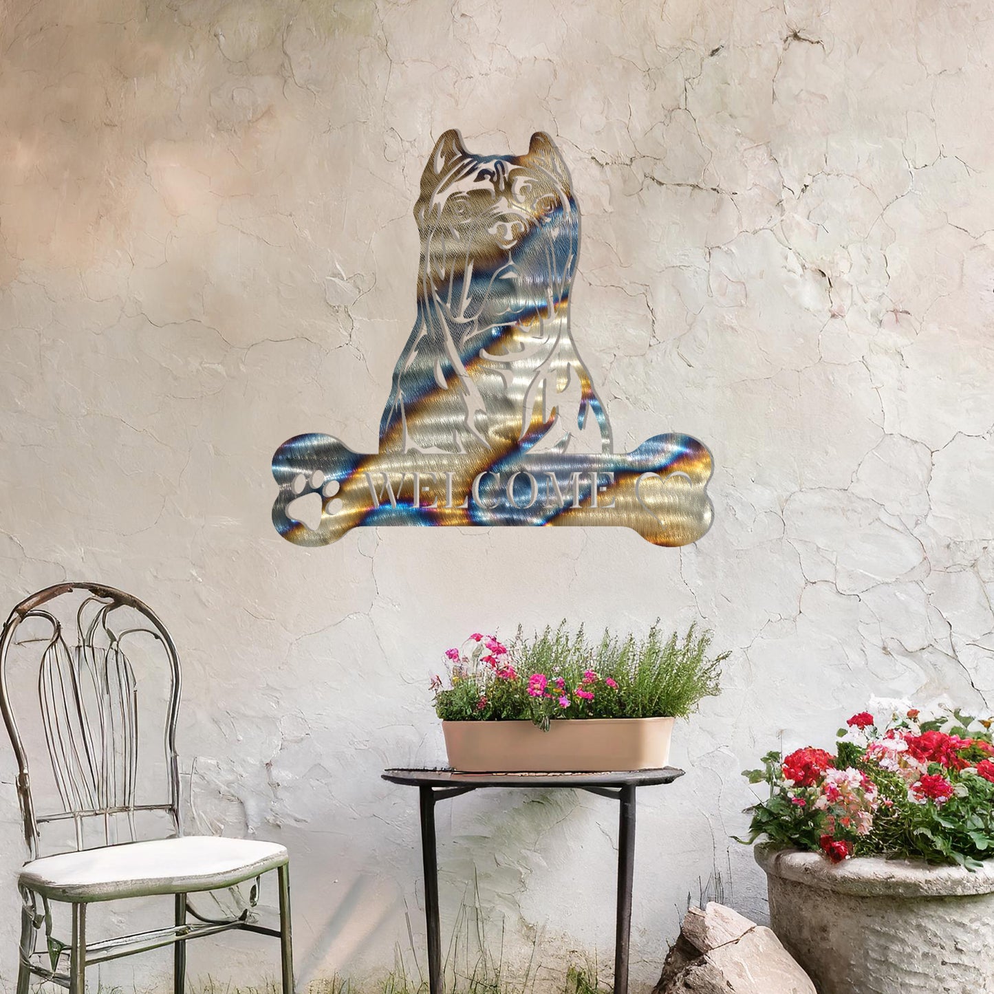 Metal Cane Corso dog design with a bone-shaped 'WELCOME' text and paw prints, perfect for adding a strong and welcoming touch to entryways or outdoor spaces.