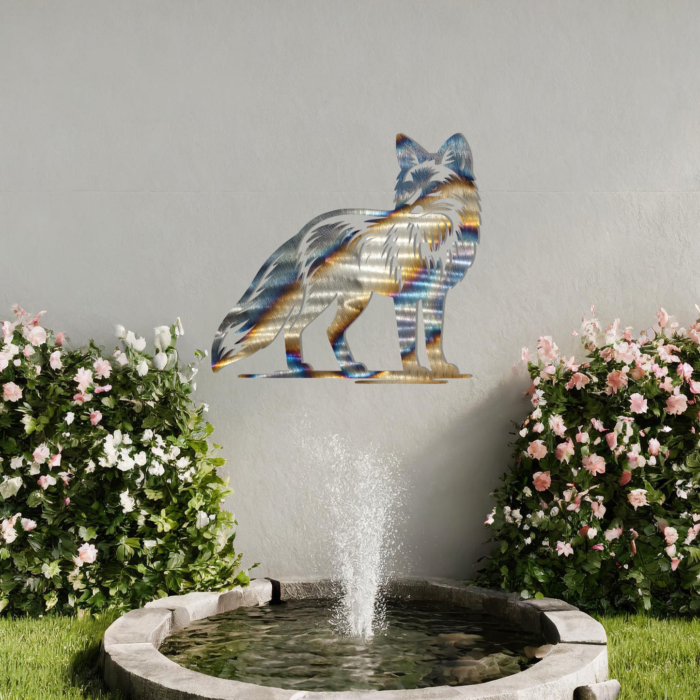 Metal wall decoration featuring a fox design with detailed fur patterns, adding a sleek and elegant touch to outdoor or indoor spaces, displayed against a neutral background to enhance its artistic appeal.