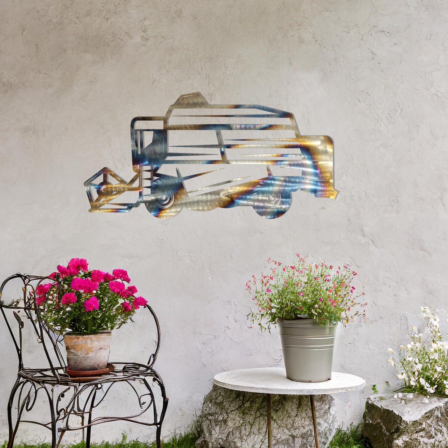 This wall art features a detailed depiction of a combine harvester, showcasing intricate lines and precise cuts that highlight its machinery and structure. Ideal for agricultural-themed spaces or as a gift for farming enthusiasts.