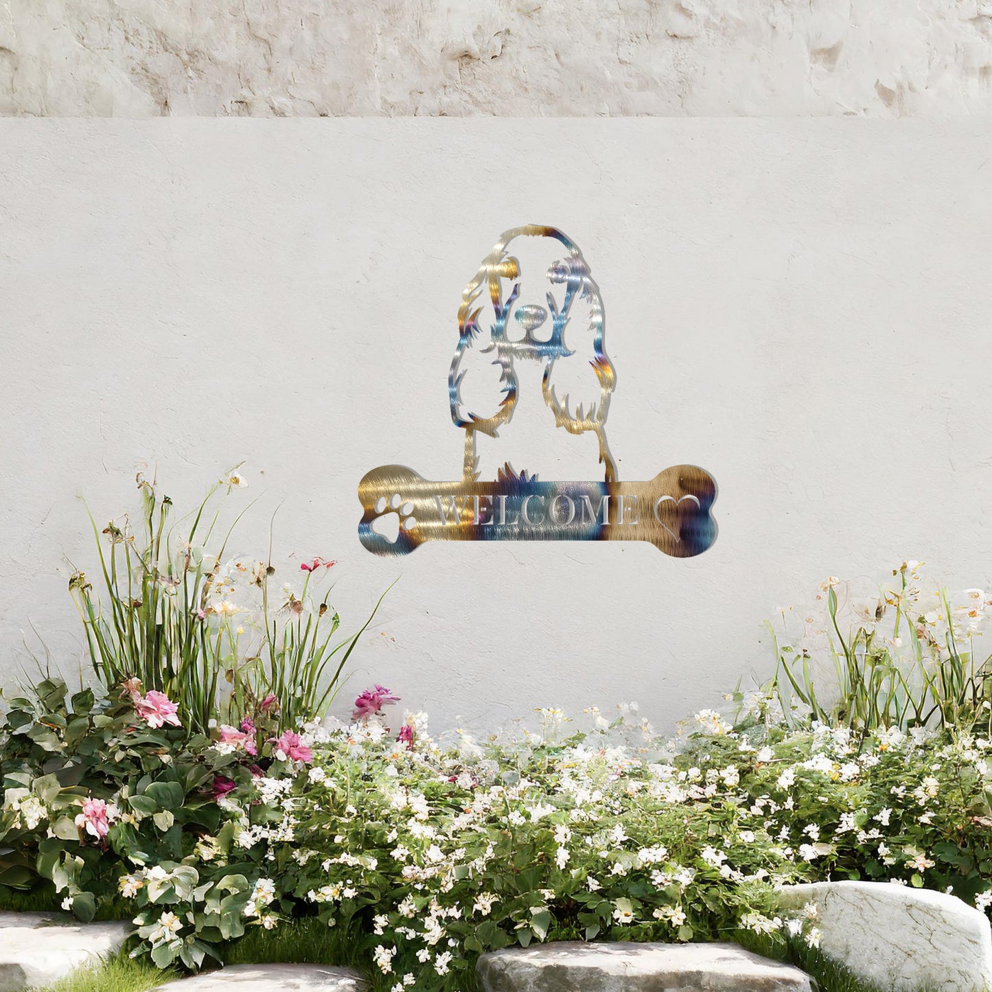 Metal Cocker Spaniel design with a bone-shaped 'WELCOME' text and paw prints, perfect for adding a friendly and welcoming touch to entryways or outdoor spaces