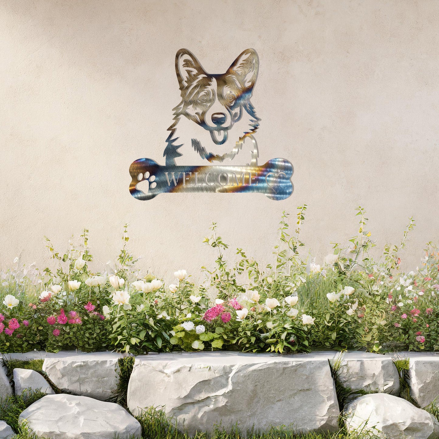 Metal Pembroke Welsh Corgi dog design with a bone-shaped 'WELCOME' text and paw prints, perfect for adding a charming and welcoming touch to entryways or outdoor spaces.