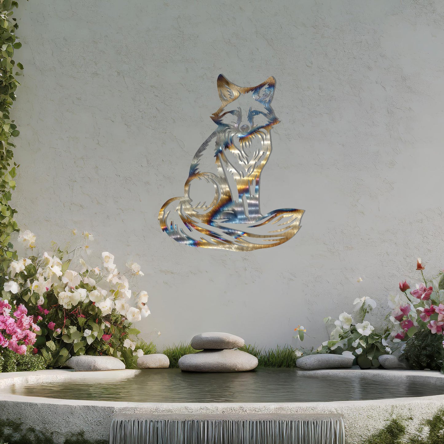 This metal wall art design features a sitting fox with a bushy tail, embodying a calm and majestic presence. The intricate detailing highlights the fox's fur and facial expression, making it a perfect addition to your decor for a natural and elegant touch.