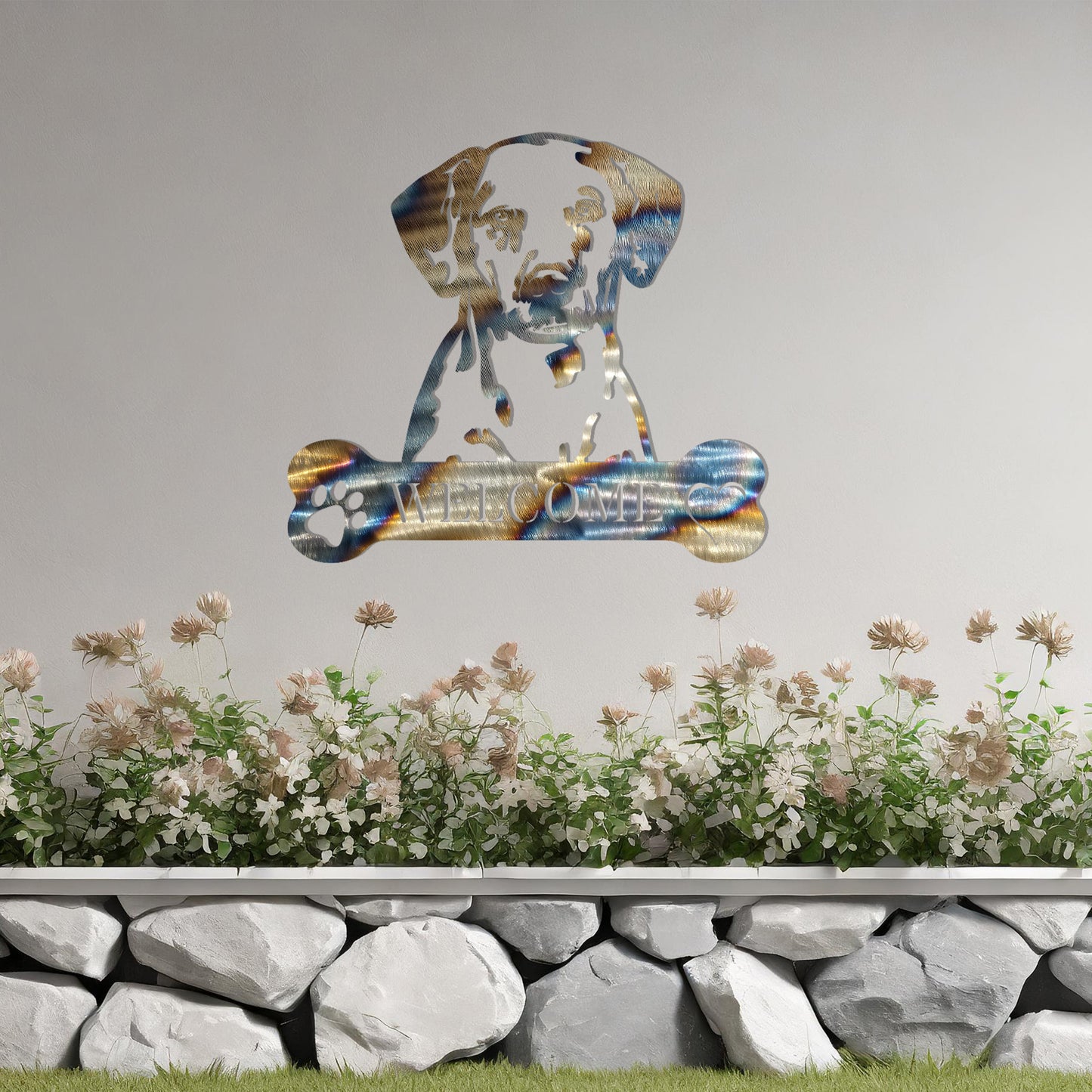 Metal Dalmatian dog design with a bone-shaped 'WELCOME' text and paw prints, perfect for adding a friendly and welcoming touch to entryways or outdoor spaces.