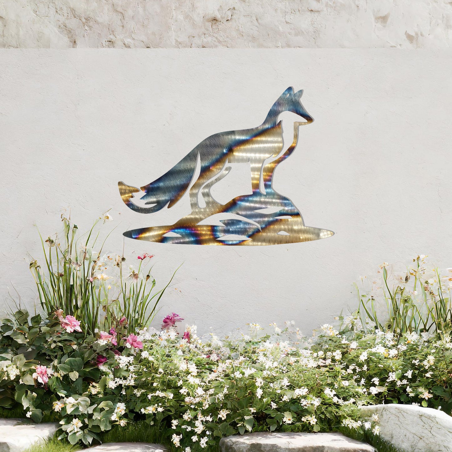 This design features a fox standing on a rocky surface, exuding a sense of vigilance and strength. The sleek and artistic cut highlights the fox's majestic posture, making it an eye-catching addition to any wall decor.
