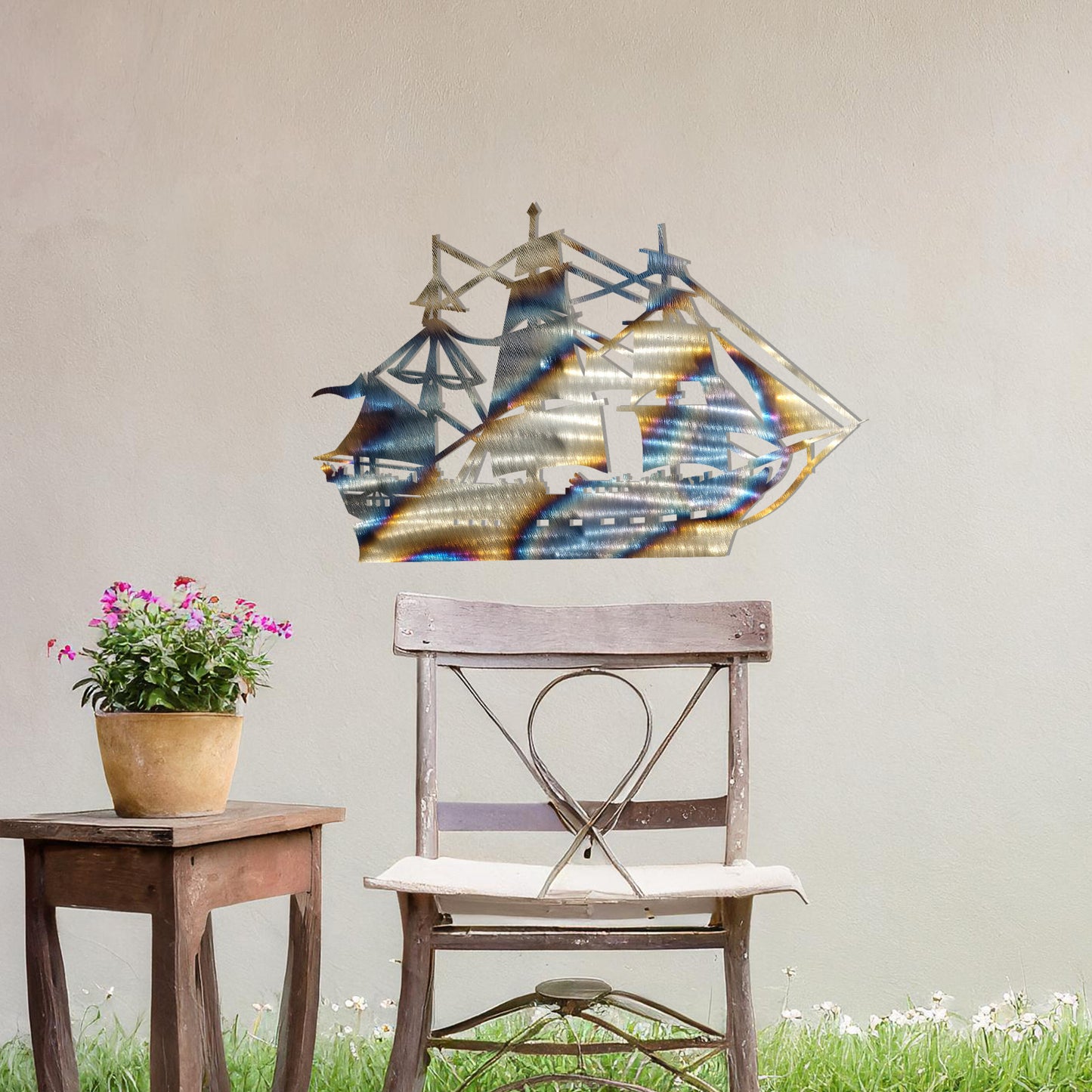 This design showcases a majestic sailing ship with intricate rigging and sails fully unfurled, evoking a sense of adventure and timeless nautical charm. A striking piece of wall art for maritime enthusiasts.