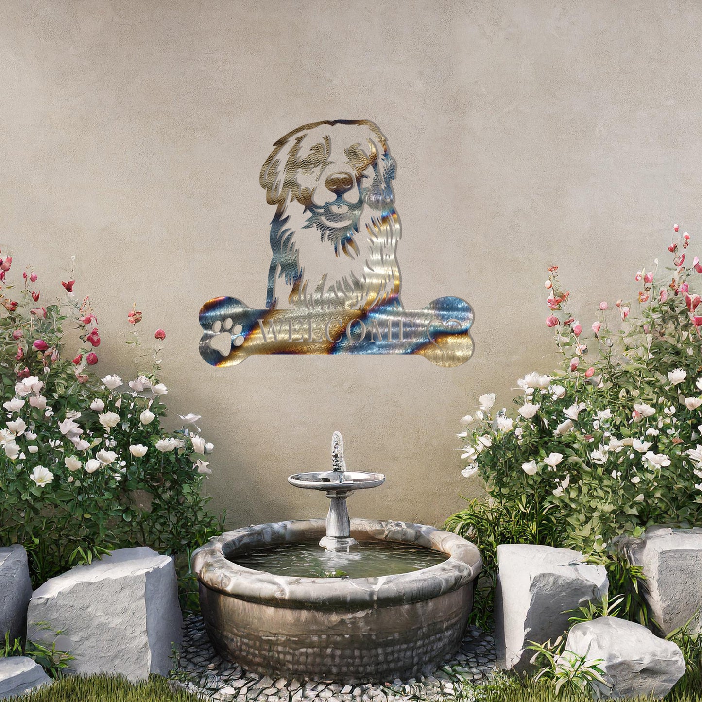 Metal Golden Retriever dog design with a bone-shaped 'WELCOME' text and paw prints, perfect for adding a friendly and welcoming touch to entryways or outdoor spaces.