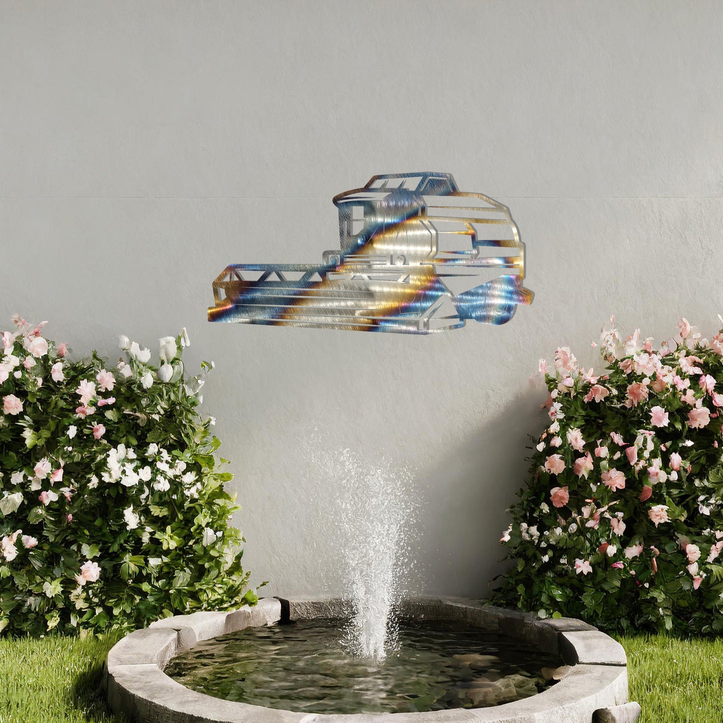 Metal wall art featuring a detailed illustration of a combine harvester, designed with bold lines and geometric shapes, ideal for those passionate about farming or agriculture.