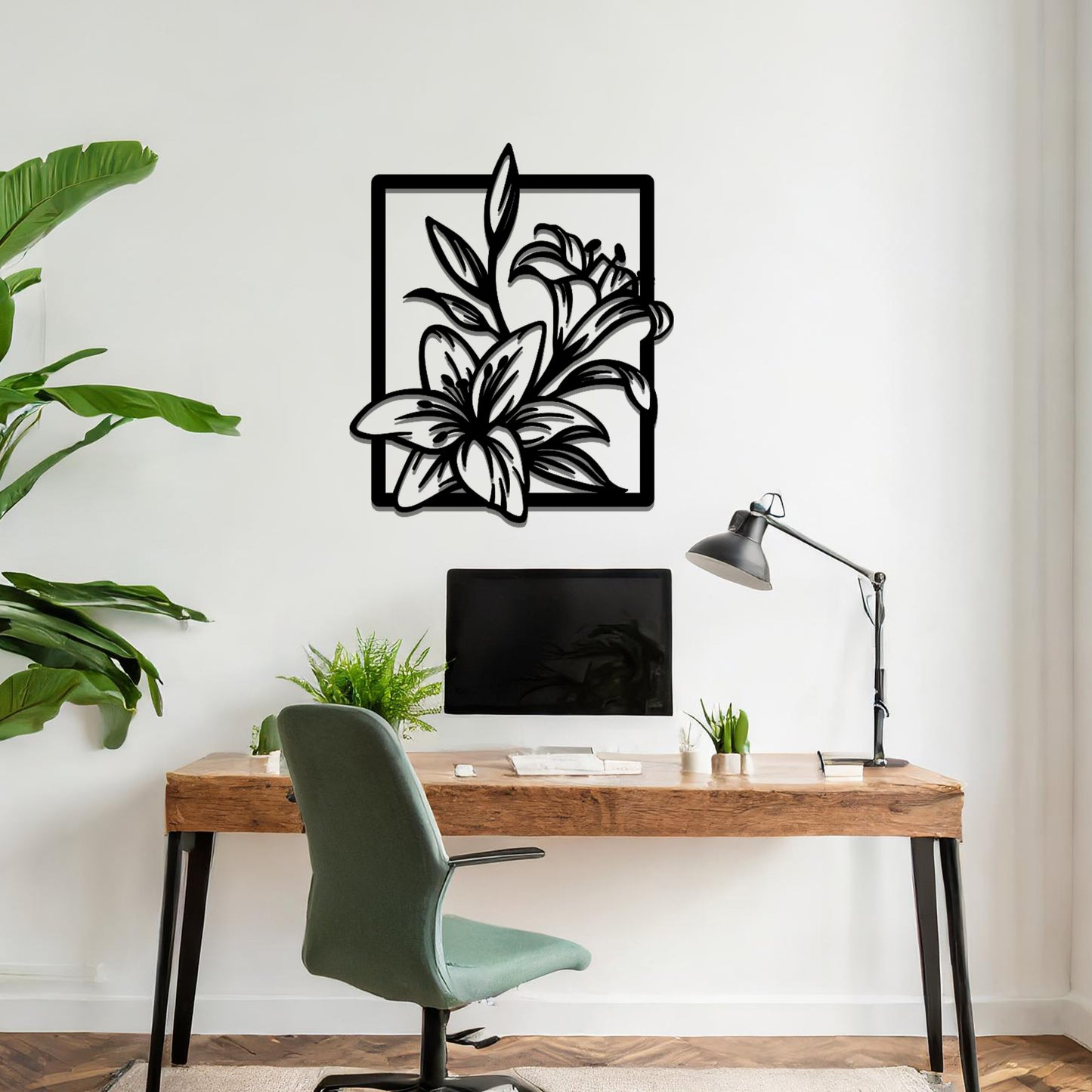 Metal wall art featuring a rectangular design with elegant floral motifs, including detailed lilies and leaves, adding a touch of sophistication and natural beauty to the space.