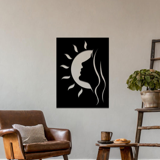 Wall art design featuring the profile of a woman's face combined with a crescent moon and sun rays, creating a harmonious celestial-themed silhouette.