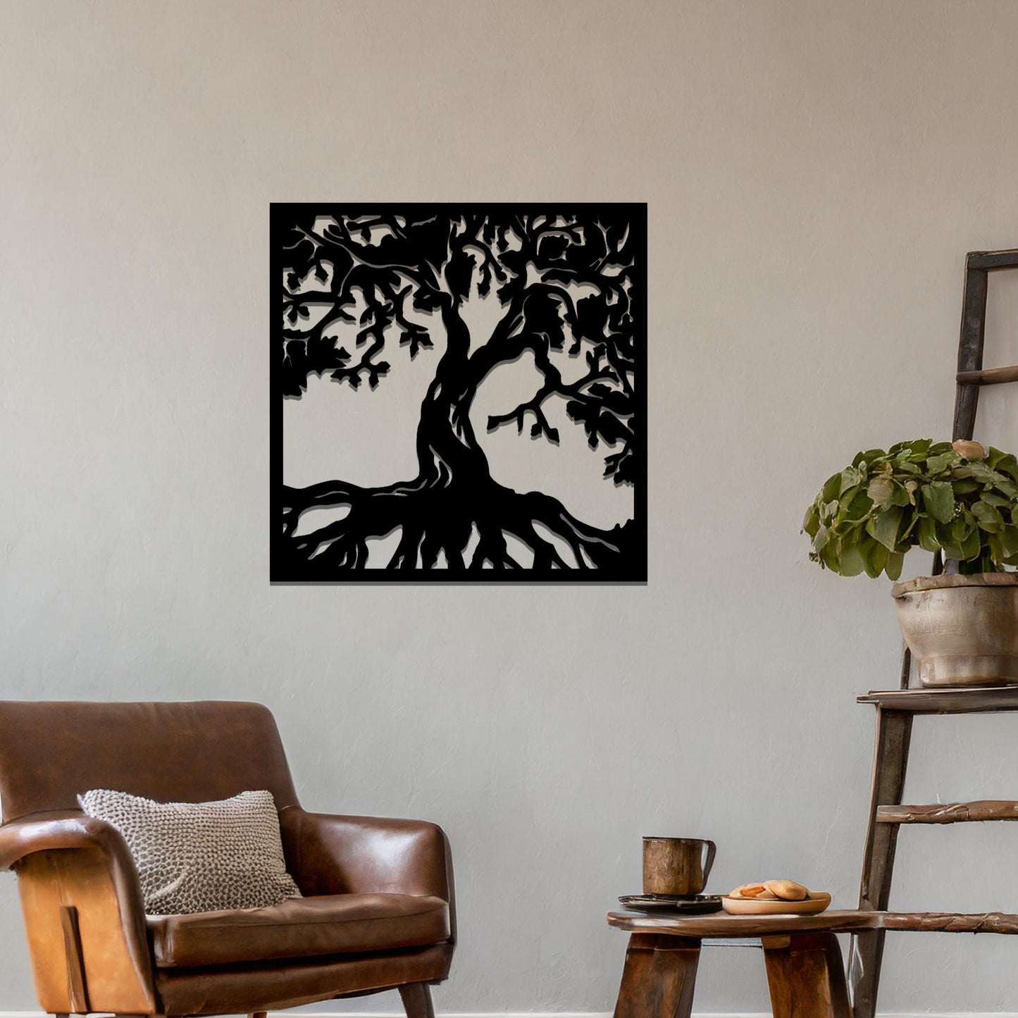 Wall art design featuring a tree with detailed roots and branches, showcasing intricate organic shapes. The tree's silhouette is framed within a square, symbolising growth, strength, and nature.