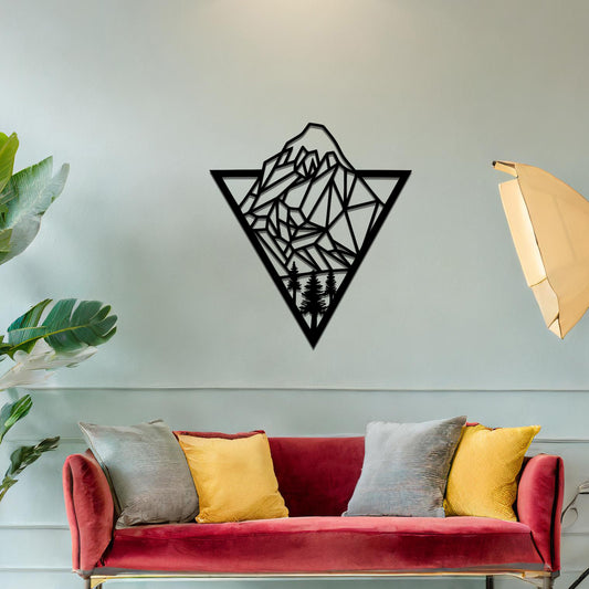 Geometric mountain and forest design within a triangular frame, offering a modern and minimalist aesthetic for a nature-inspired wall art piece.