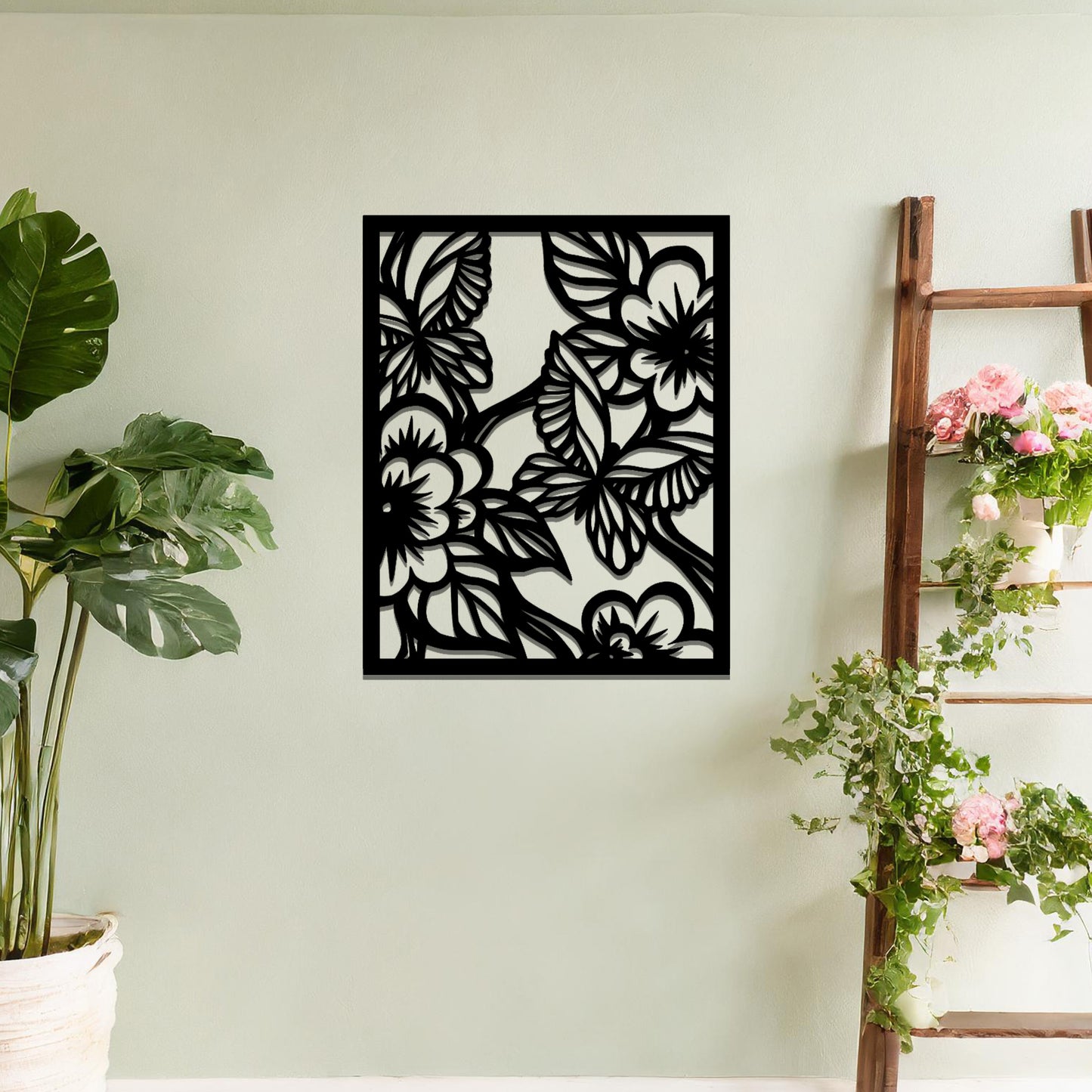 Metal wall art featuring a square design with a floral motif of blooming flowers and intricate leaves, mounted on a neutral wall within modern bedroom decor. The delicate detailing and natural theme create a soothing and elegant focal point, enhancing the space's aesthetic.