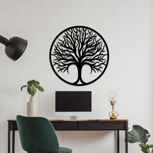 Intricate metal wall art design featuring a tree with a circular frame, highlighting its branching details for a natural and elegant look in modern decor.